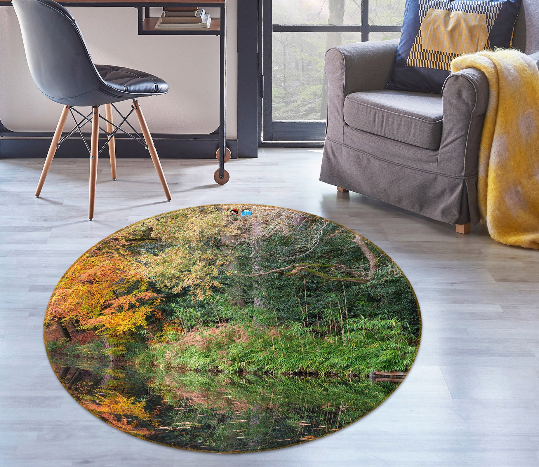 3D Green Leaves 7364 Assaf Frank Rug Round Non Slip Rug Mat