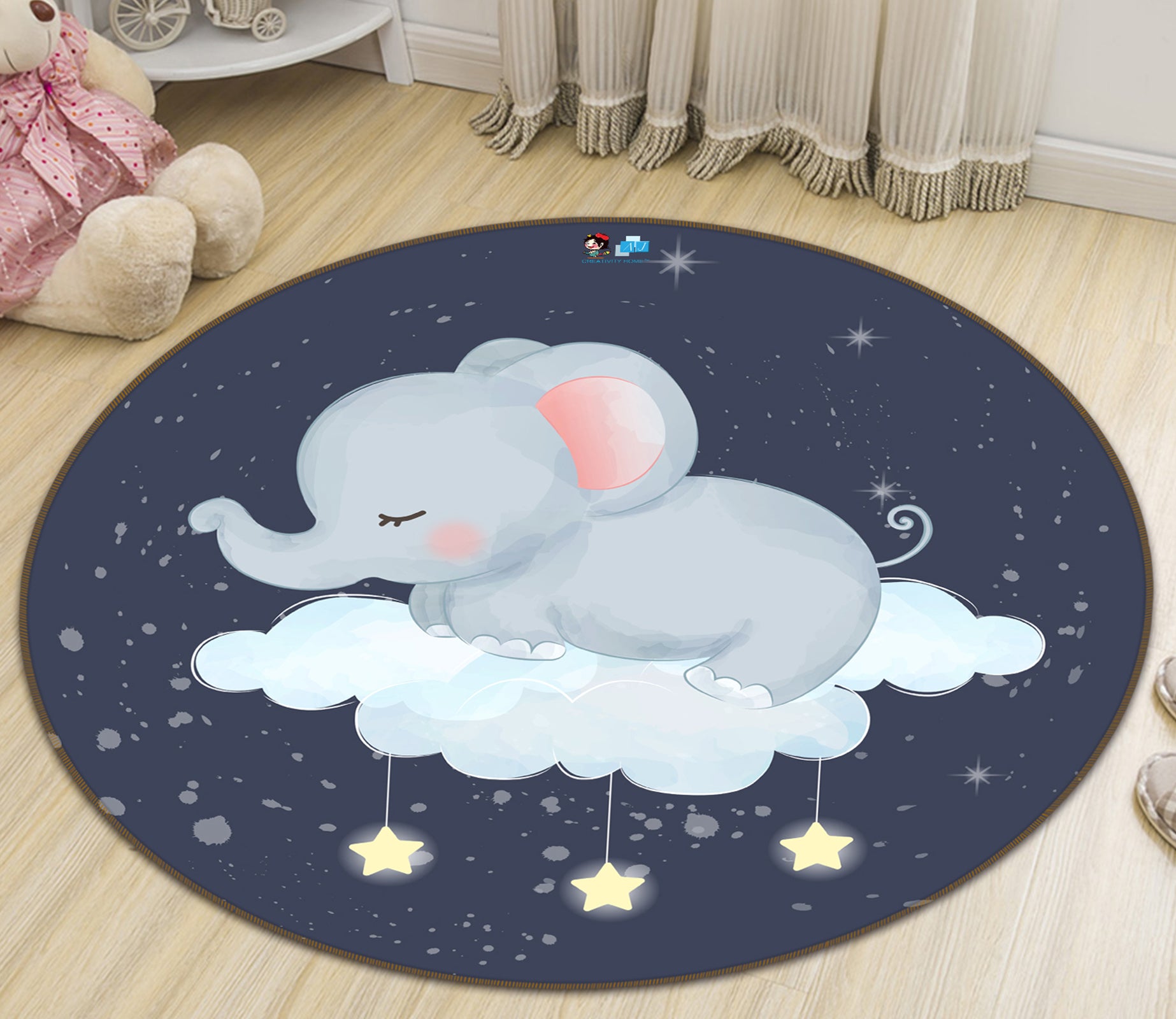 3D Clouds Elephant 74252 Round Non Slip Rug Mat