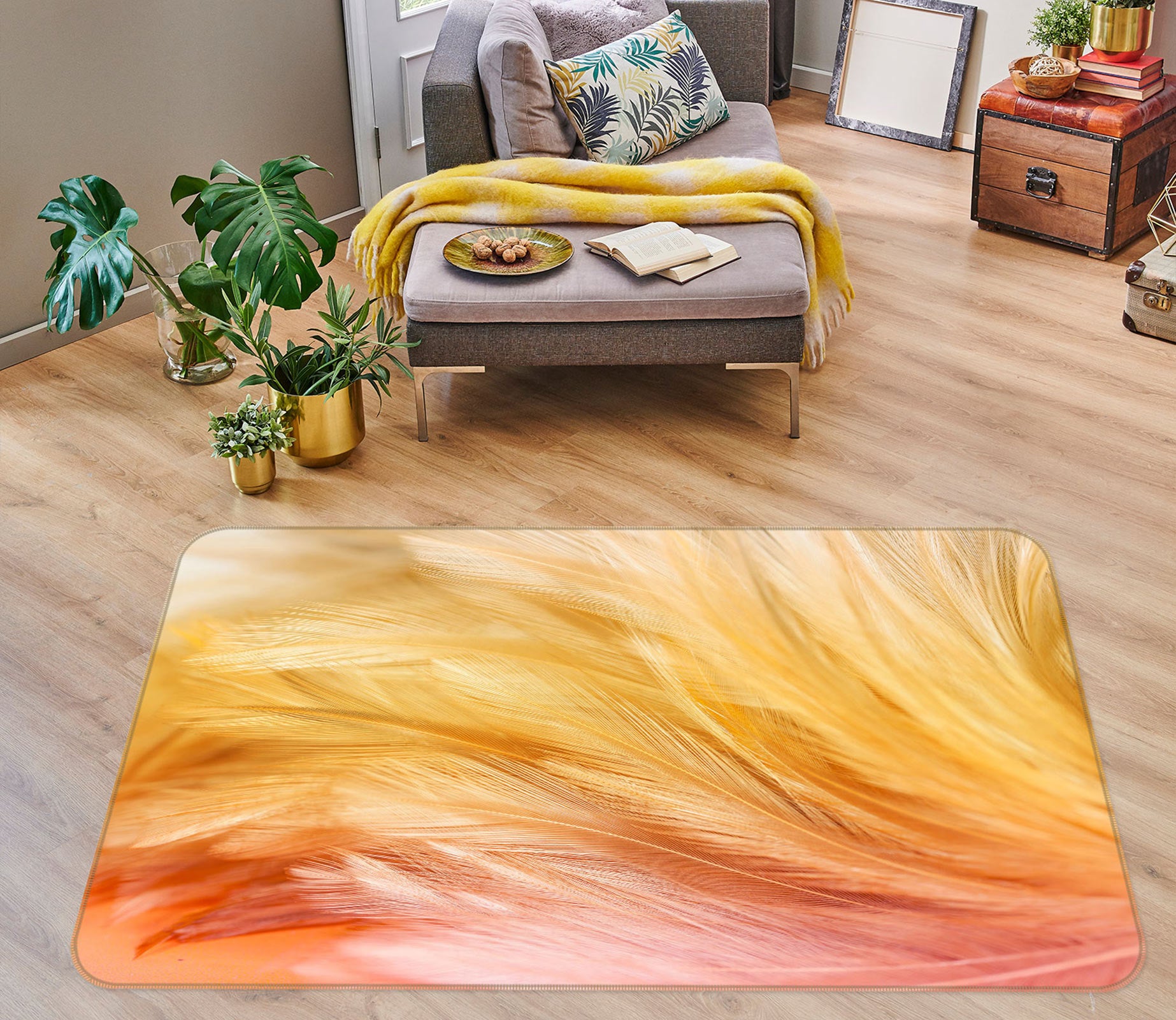 3D Yellow Feather Pattern 30053 Non Slip Rug Mat