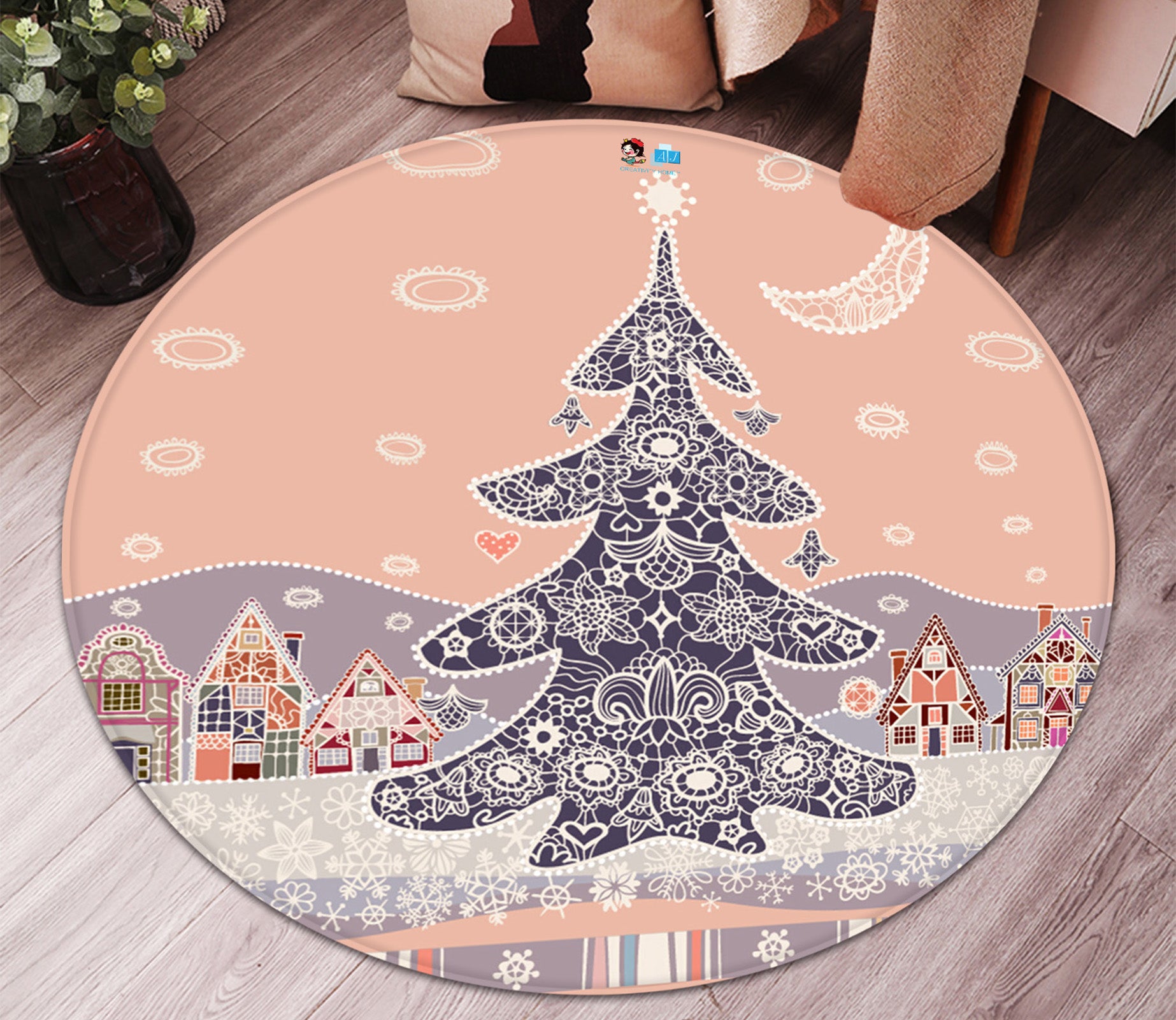 3D Snowfield Tree 66022 Christmas Round Non Slip Rug Mat Xmas