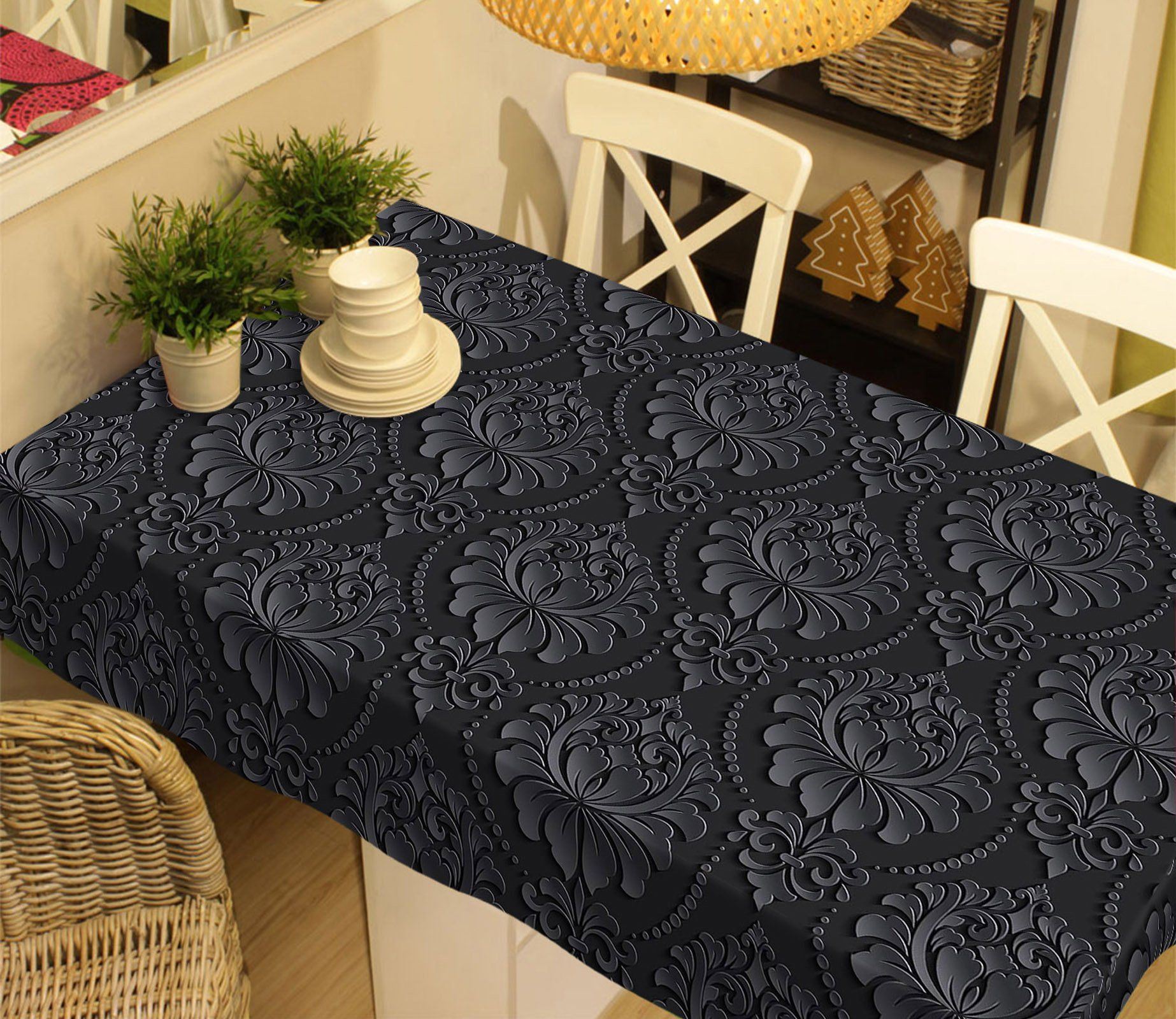 3D Black Flower Pattern 9 Tablecloths Wallpaper AJ Wallpaper 