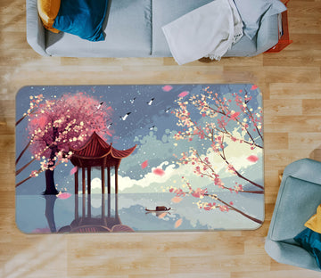 3D Cherry Blossoms Pavilion 34020 Non Slip Rug Mat