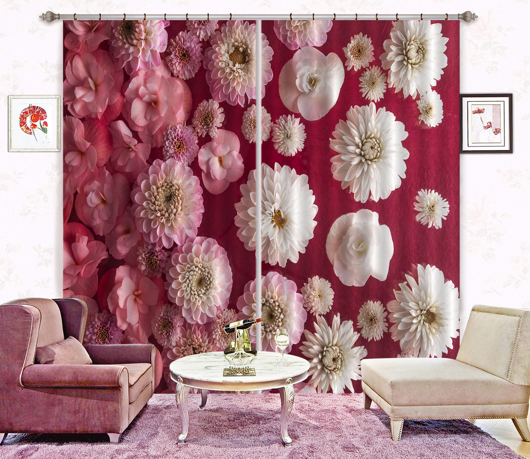 3D White Chrysanthemum 010 Assaf Frank Curtain Curtains Drapes