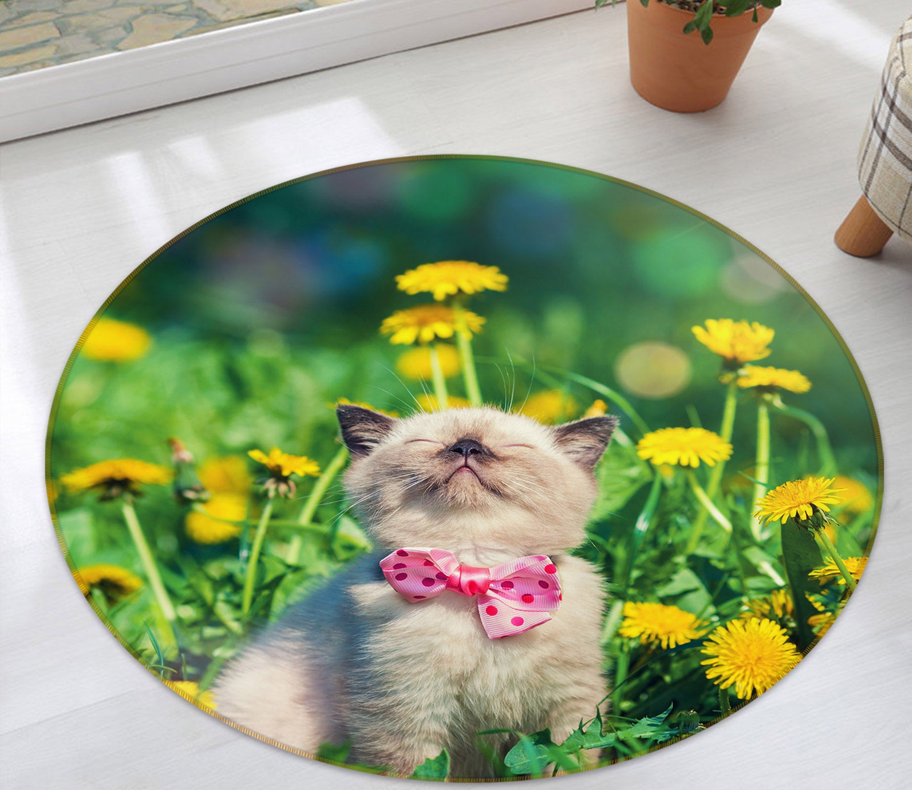 3D Flower Kitten 29111 Round Non Slip Rug Mat