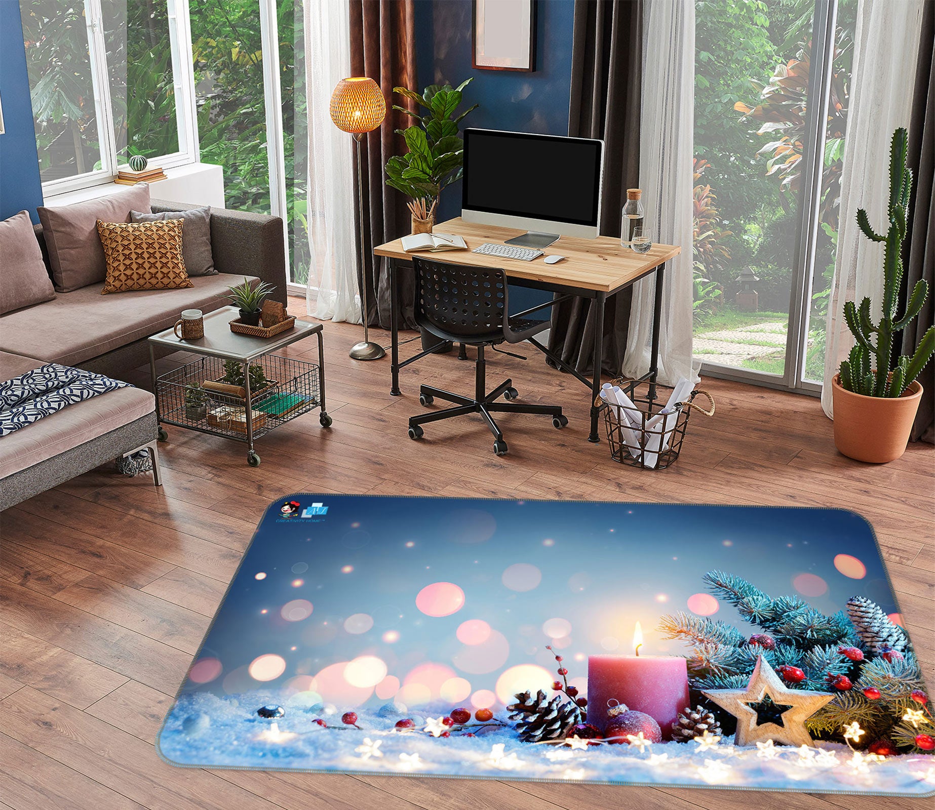 3D Candle Five-Pointed Star 54248 Christmas Non Slip Rug Mat Xmas