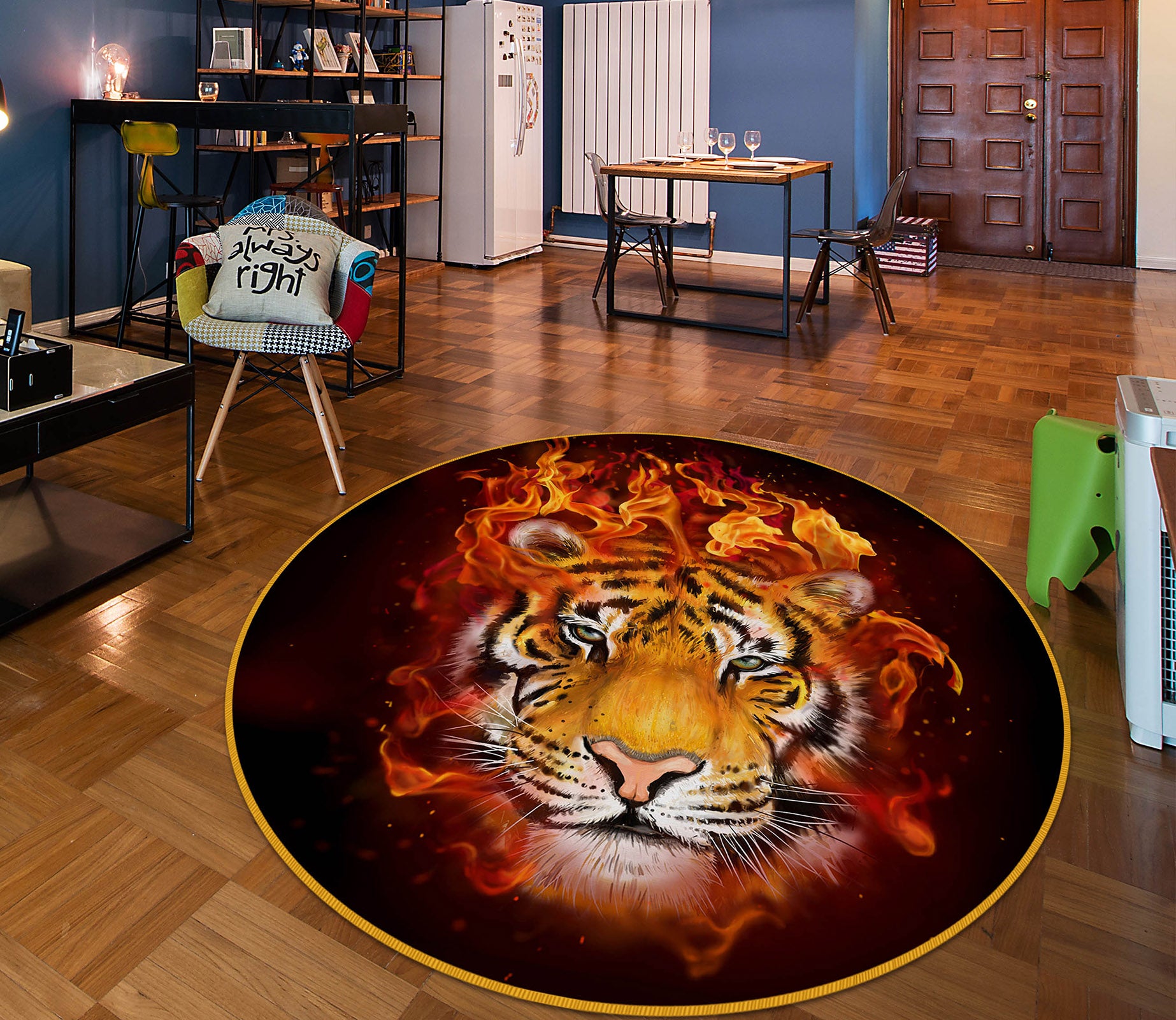 3D Tiger Fire 37213 Animal Round Non Slip Rug Mat