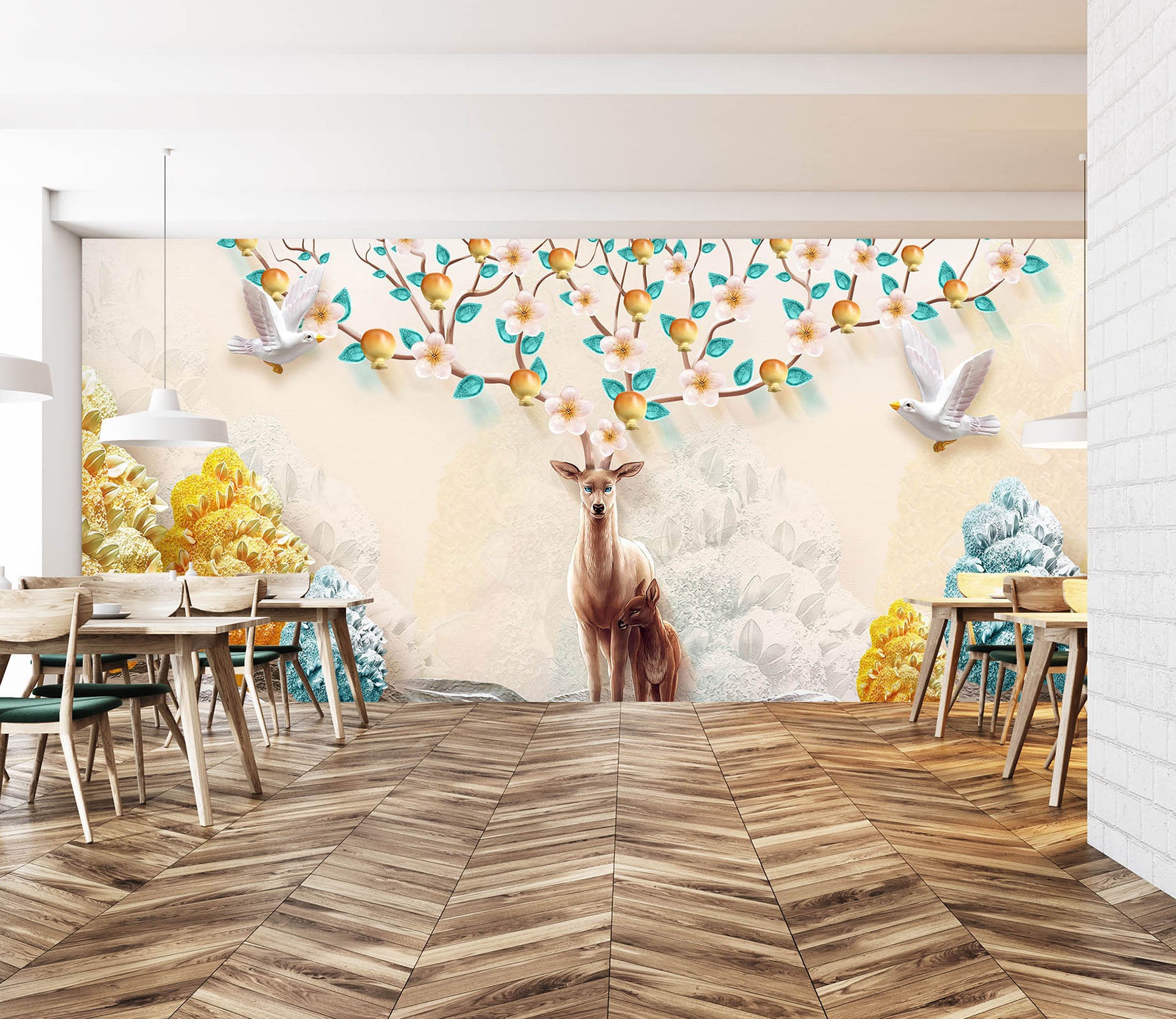 3D Flower Deer 023 Wall Murals