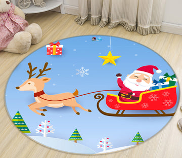 3D Cartoon Sleigh Santa 81025 Round Non Slip Rug Mat