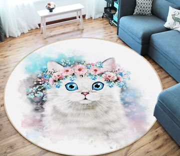 3D White Cat 29072 Round Non Slip Rug Mat