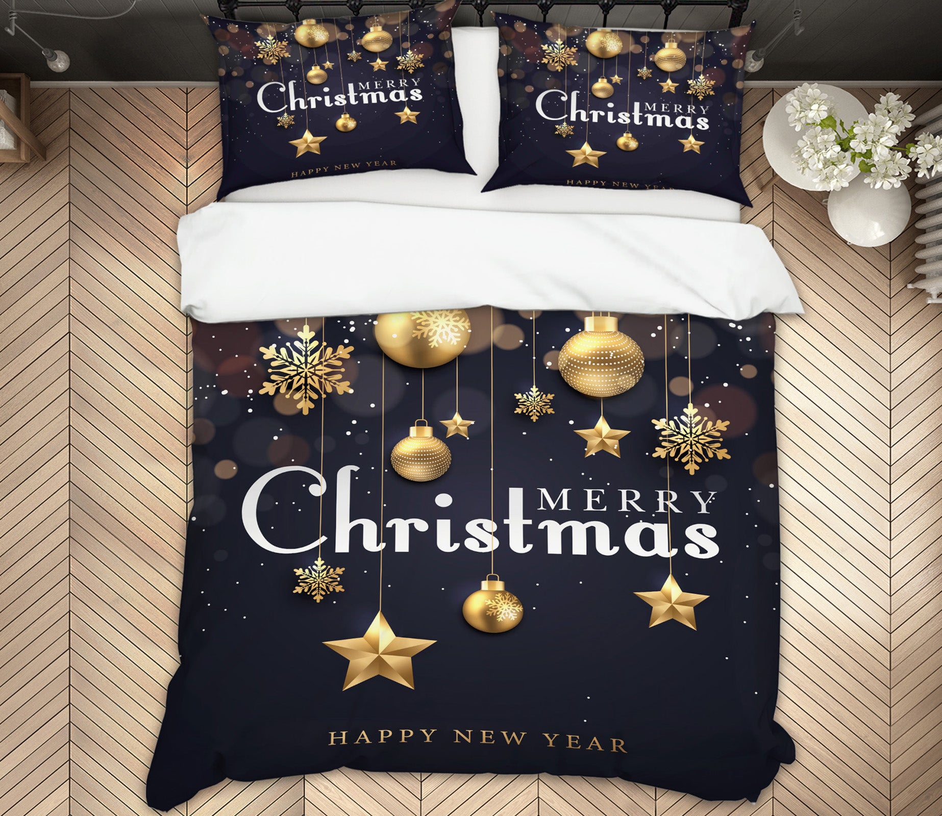 3D Christmas Golden Stars Ball 59001 Bed Pillowcases Quilt