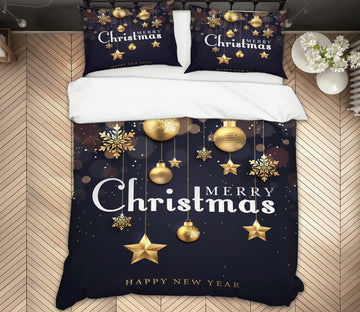 3D Christmas Golden Stars Ball 59001 Bed Pillowcases Quilt