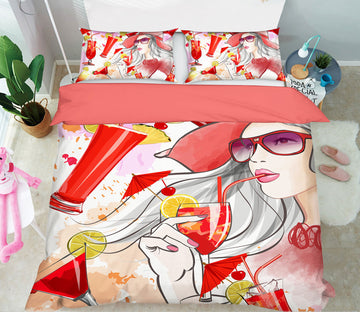3D Red Drink Woman 036 Bed Pillowcases Quilt