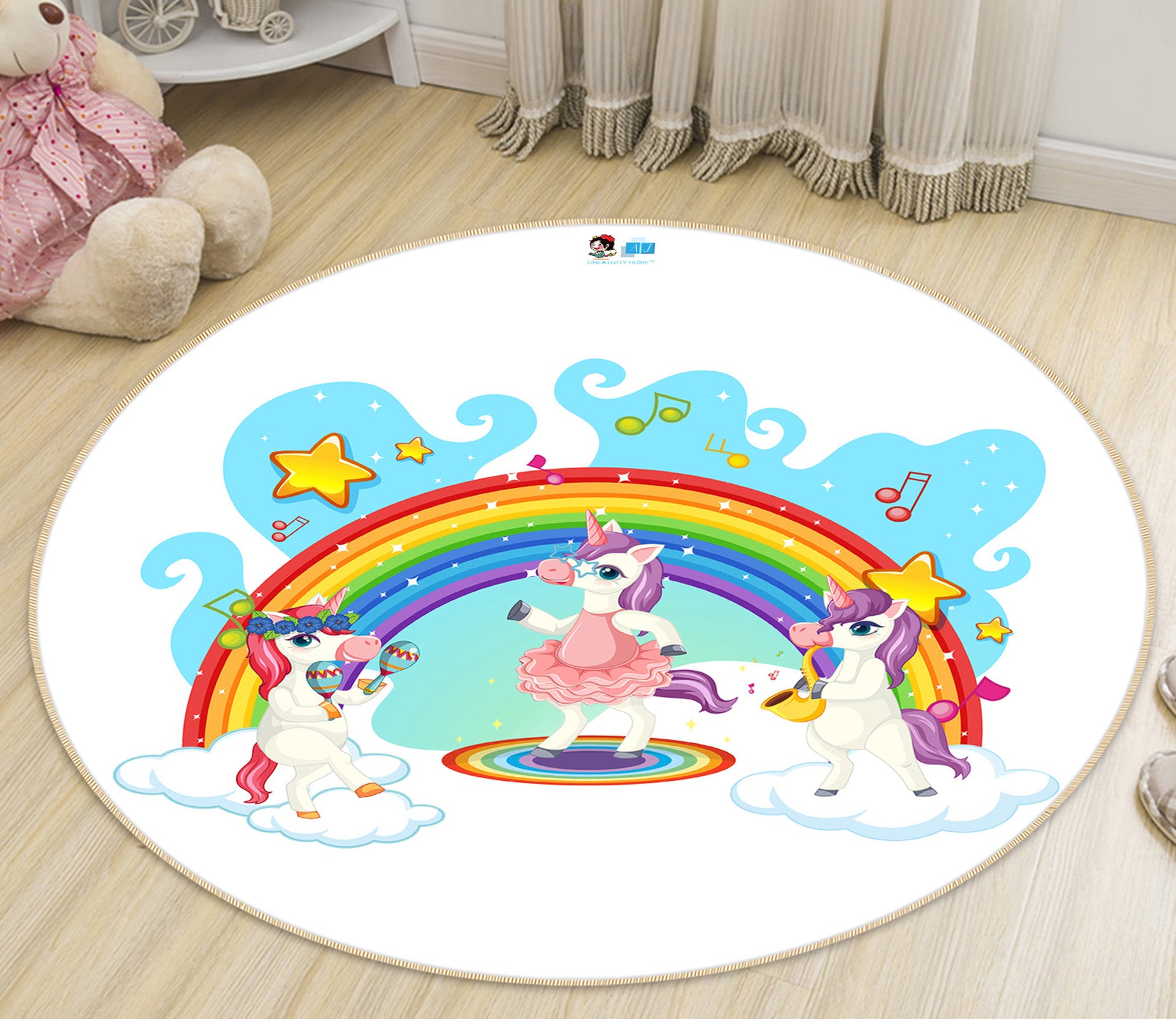 3D Rainbow Unicorn 81032 Round Non Slip Rug Mat