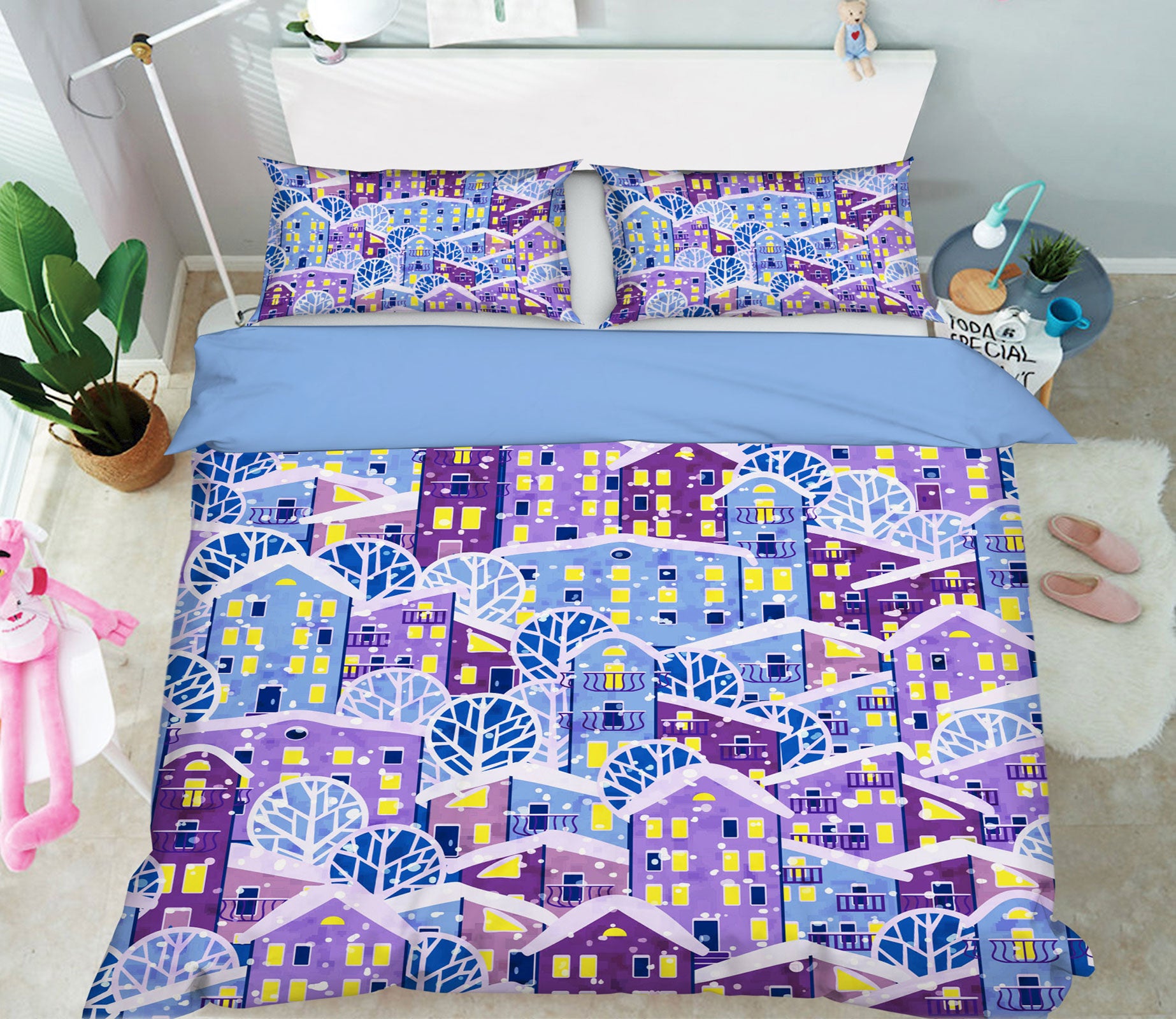 3D Purple Blue House 13171 Bed Pillowcases Quilt