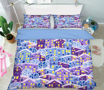 3D Purple Blue House 13171 Bed Pillowcases Quilt