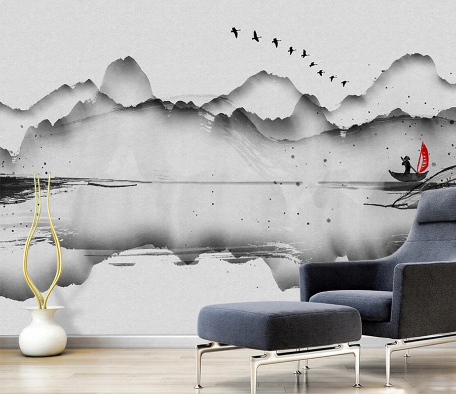 3D Ink Mountain Boat WC708 Wall Murals