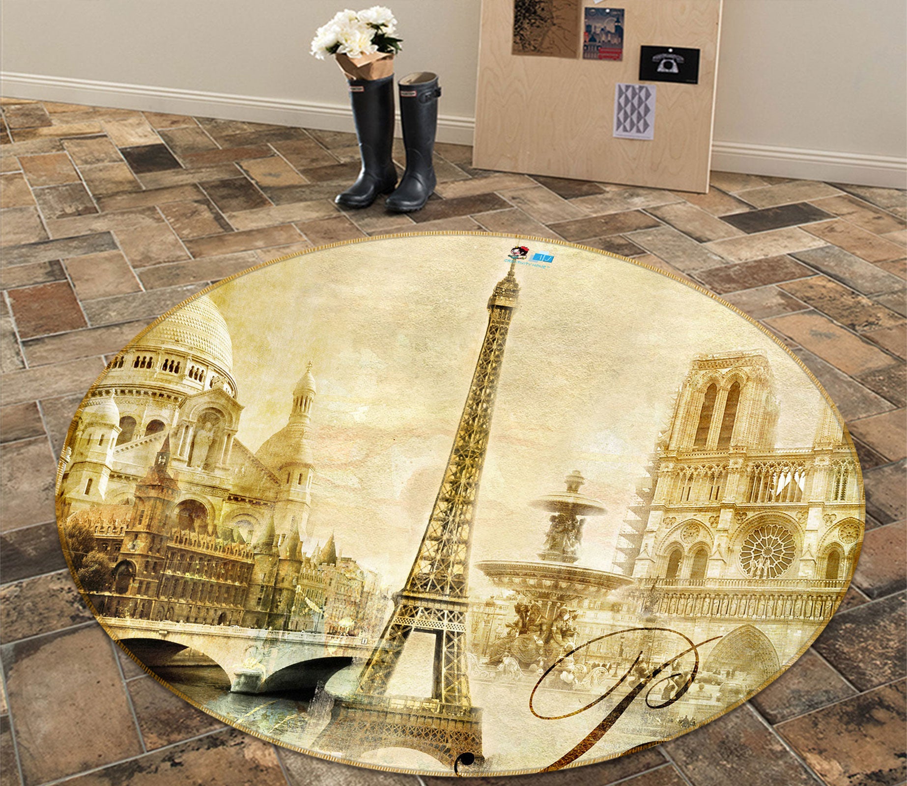 3D Vintage Eiffel Tower 80270 Round Non Slip Rug Mat