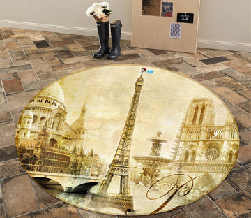 3D Vintage Eiffel Tower 80270 Round Non Slip Rug Mat