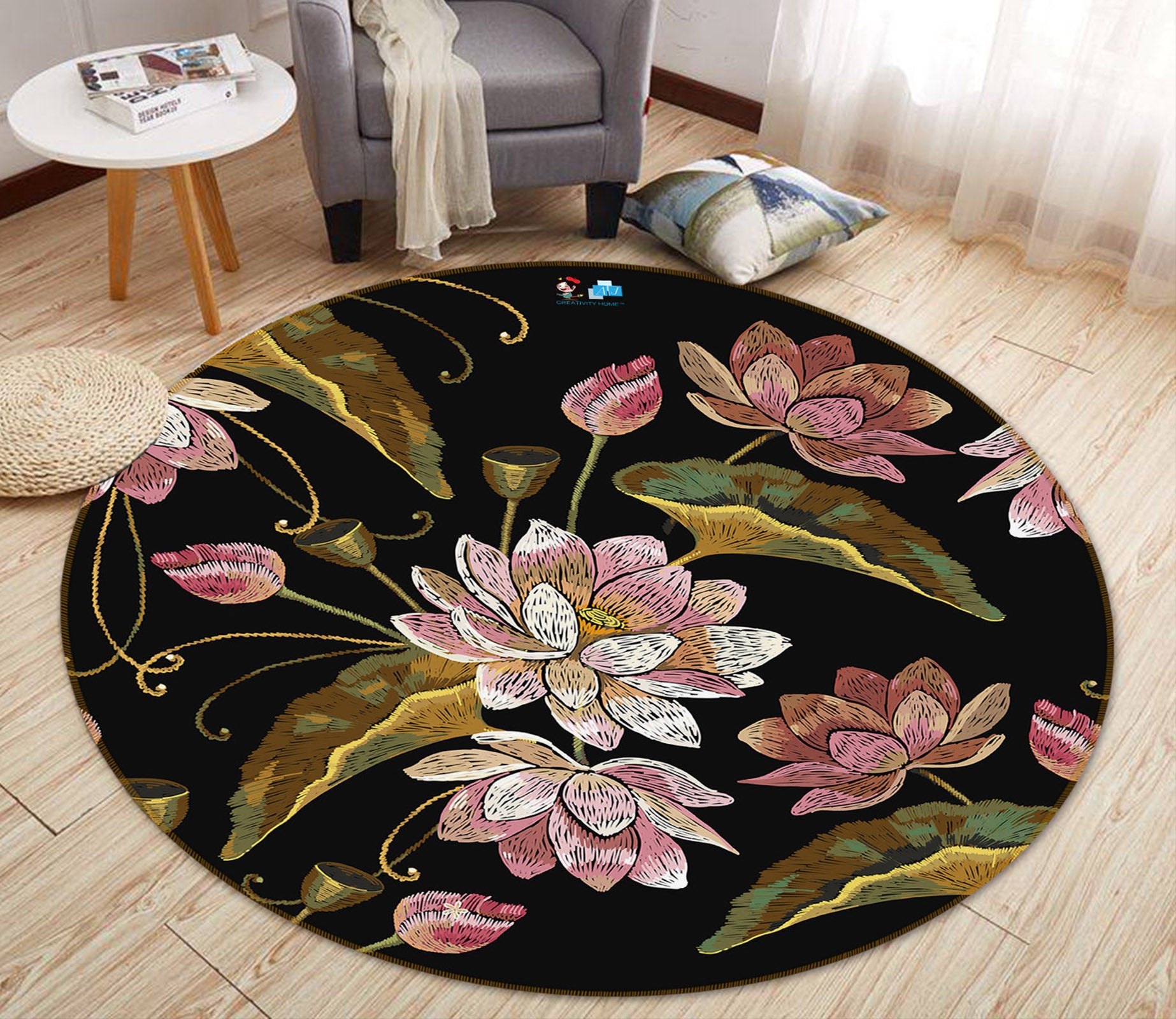 3D Flowers Lotus 69233 Round Non Slip Rug Mat