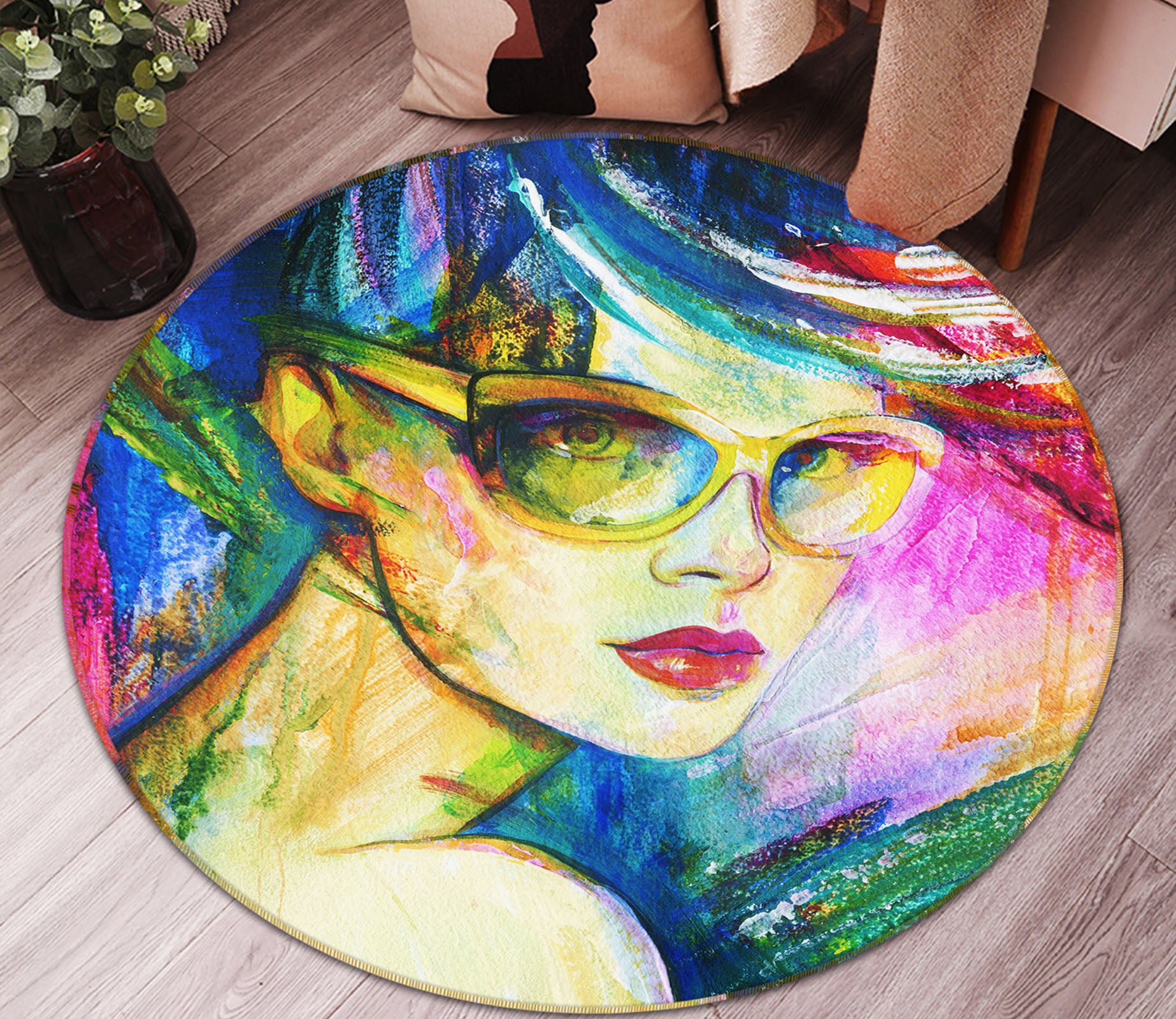 3D Sunglasses Pretty Girl 37021 Round Non Slip Rug Mat
