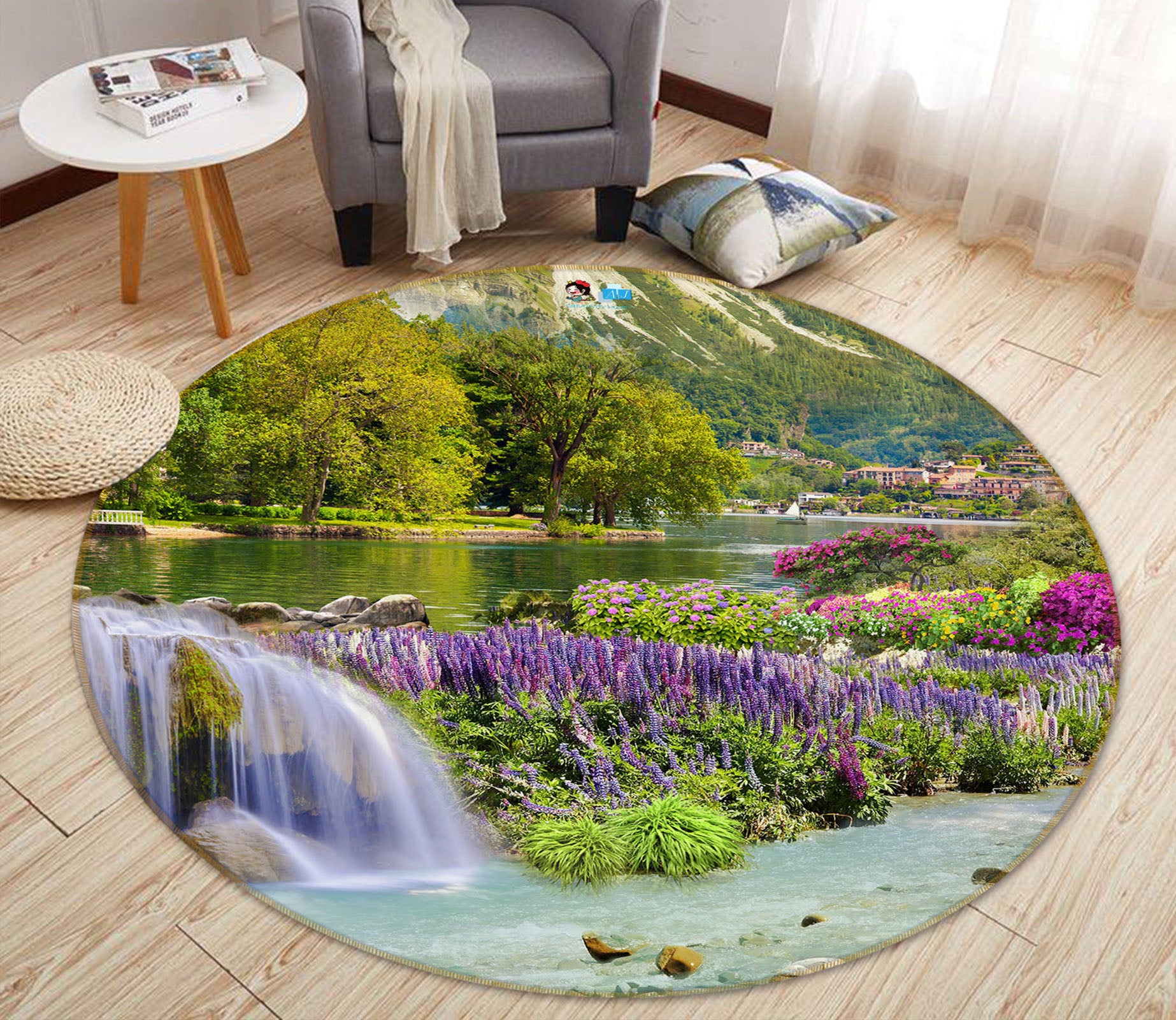 3D Tree River Running Water 69096 Round Non Slip Rug Mat