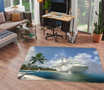 3D Seaside Coconut Tree Steamship 68079 Vehicle Non Slip Rug Mat