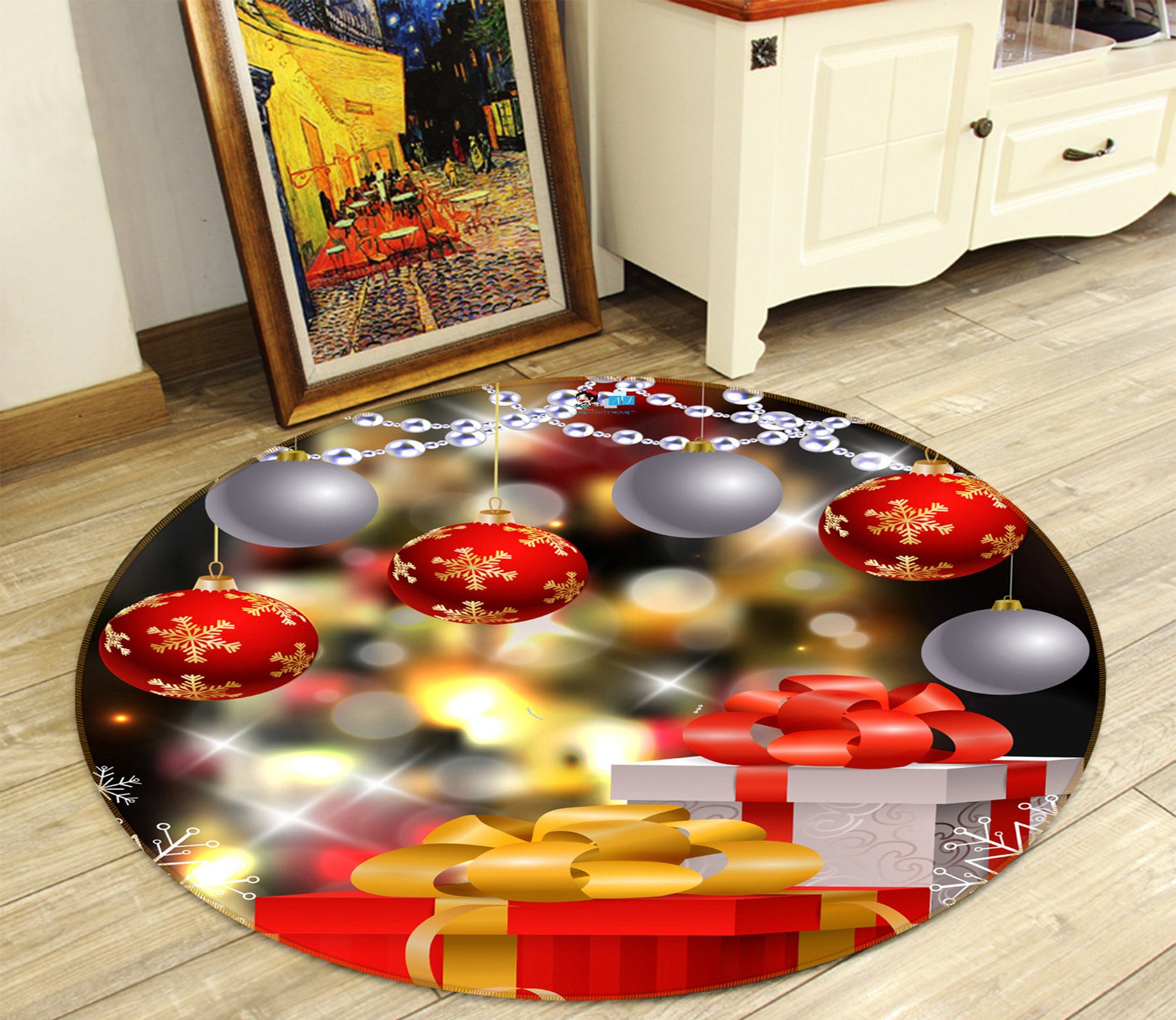 3D Ball Gift Box 54037 Christmas Round Non Slip Rug Mat Xmas
