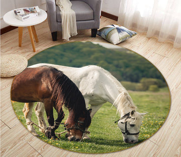 3D Horse Eating Grass 82220 Animal Round Non Slip Rug Mat