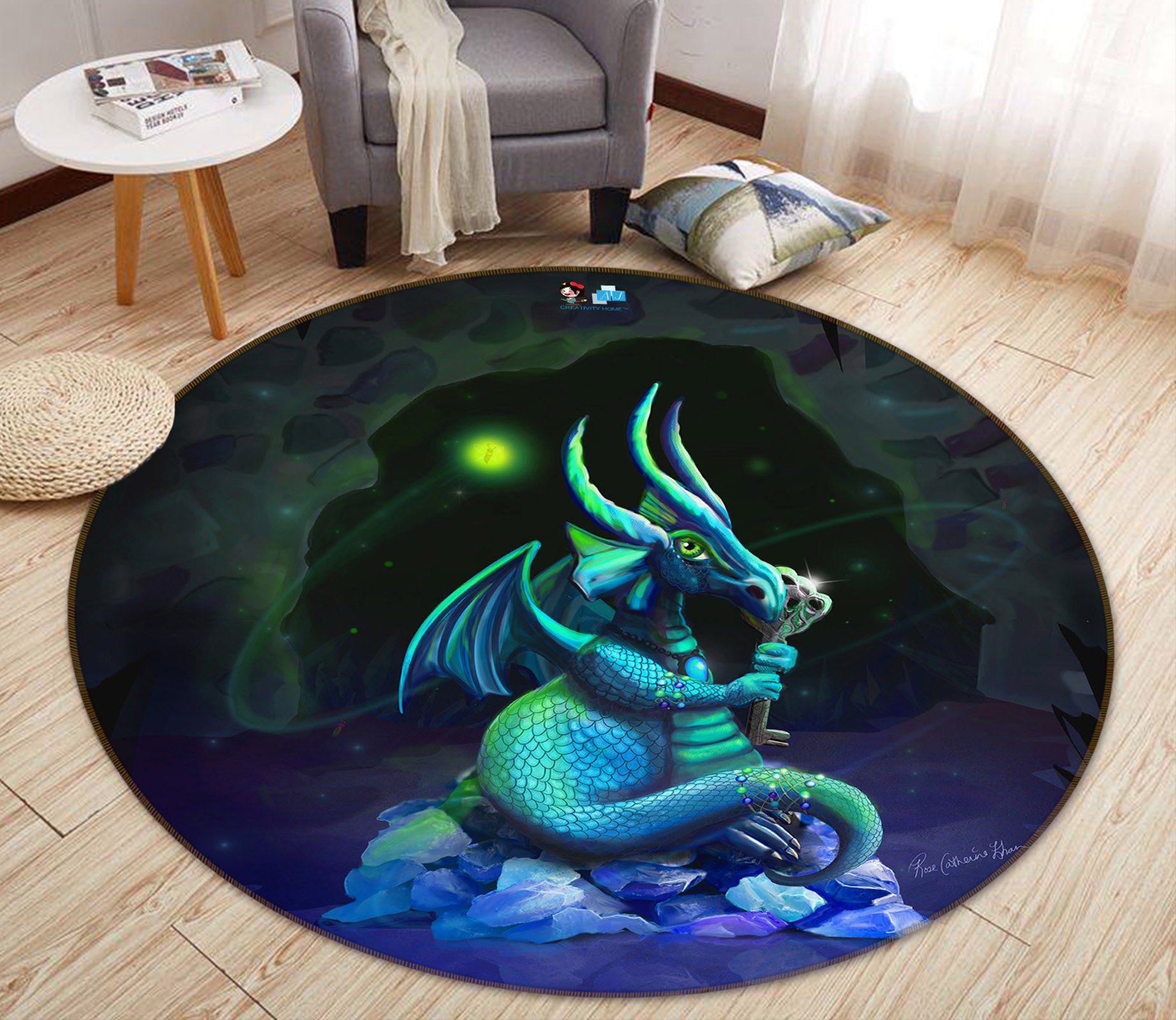 3D Blue-Green Dinosaur 83153 Rose Catherine Khan Rug Round Non Slip Rug Mat