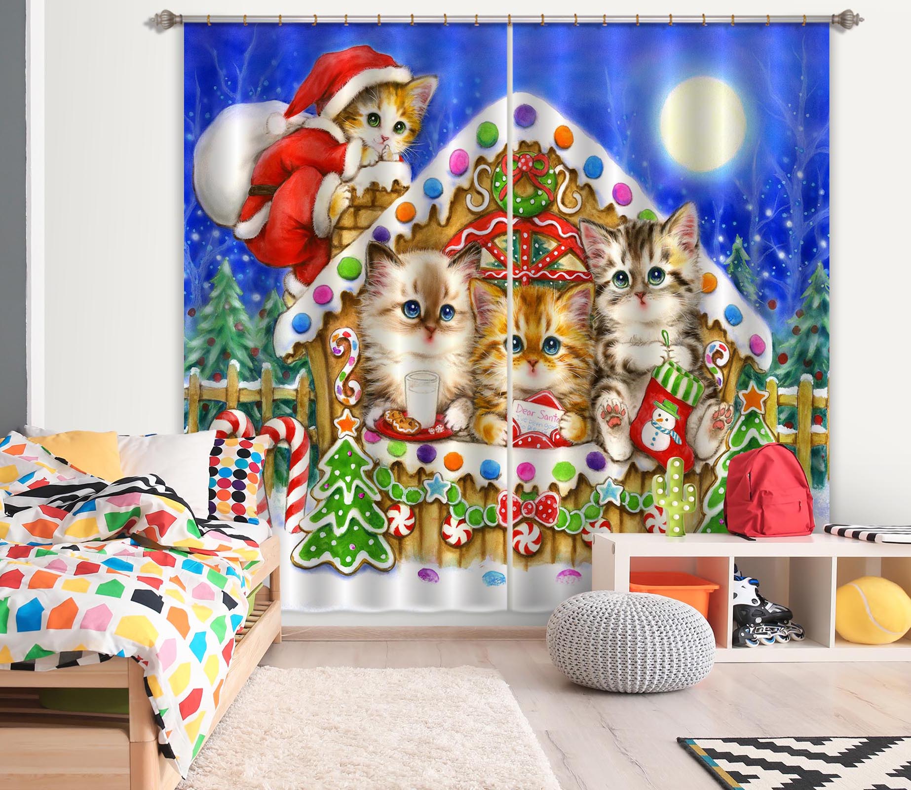 3D Christmas Cat House 9023 Kayomi Harai Curtain Curtains Drapes