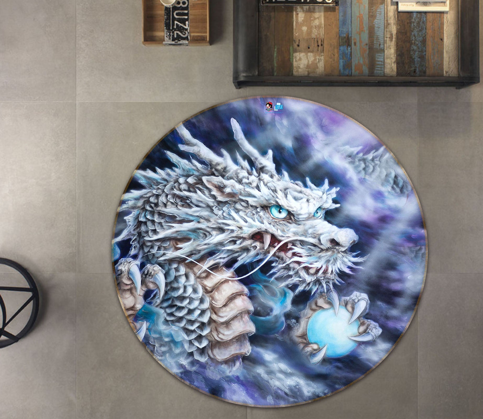 3D White Dragon 6066 Kayomi Harai Rug Round Non Slip Rug Mat