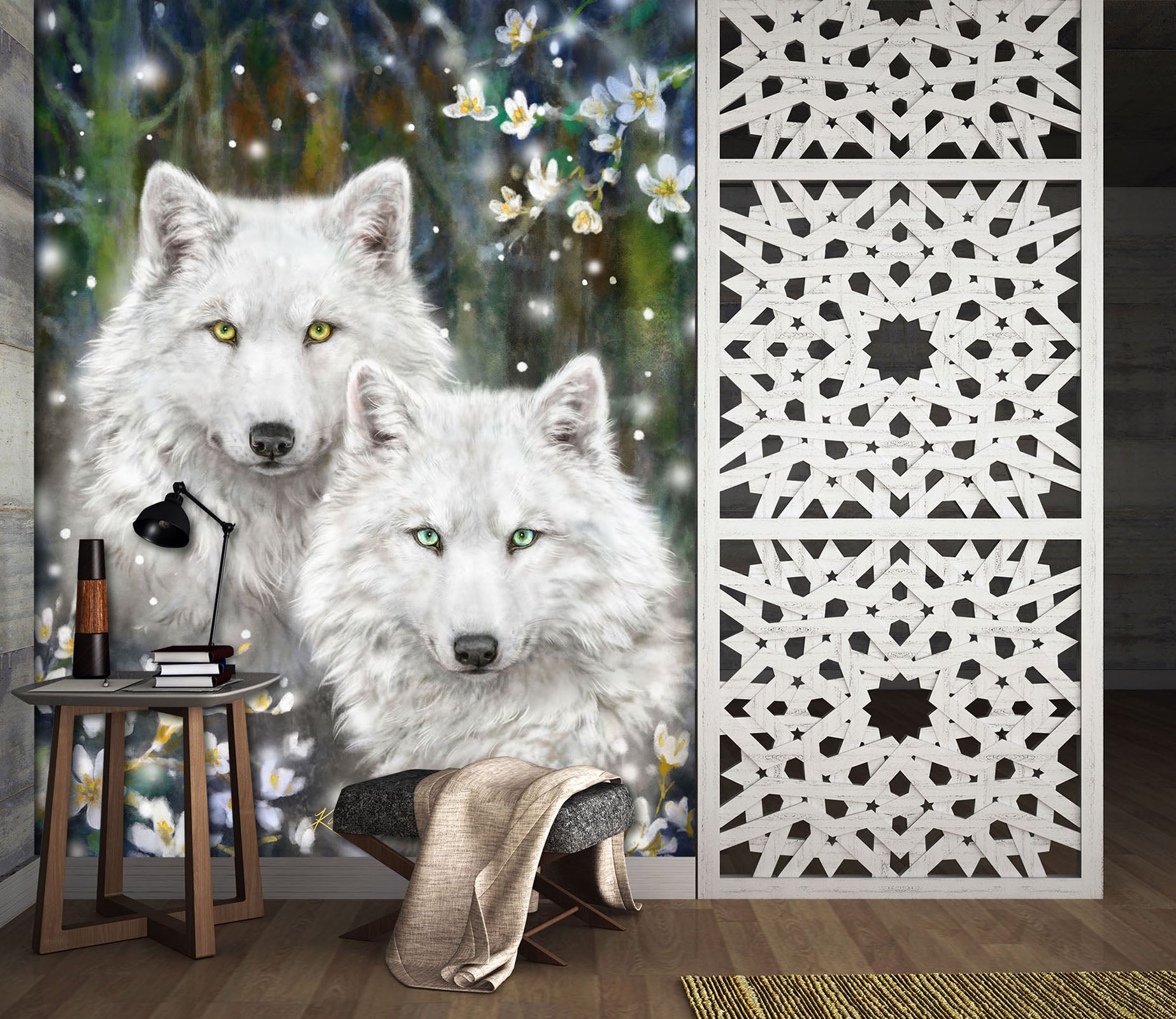 3D White Wolf Flower 5502 Kayomi Harai Wall Mural Wall Murals