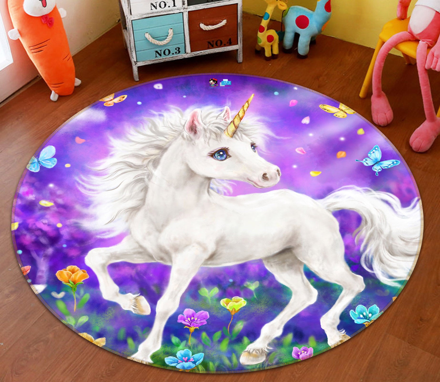 3D Unicorn Butterfly 6016 Kayomi Harai Rug Round Non Slip Rug Mat