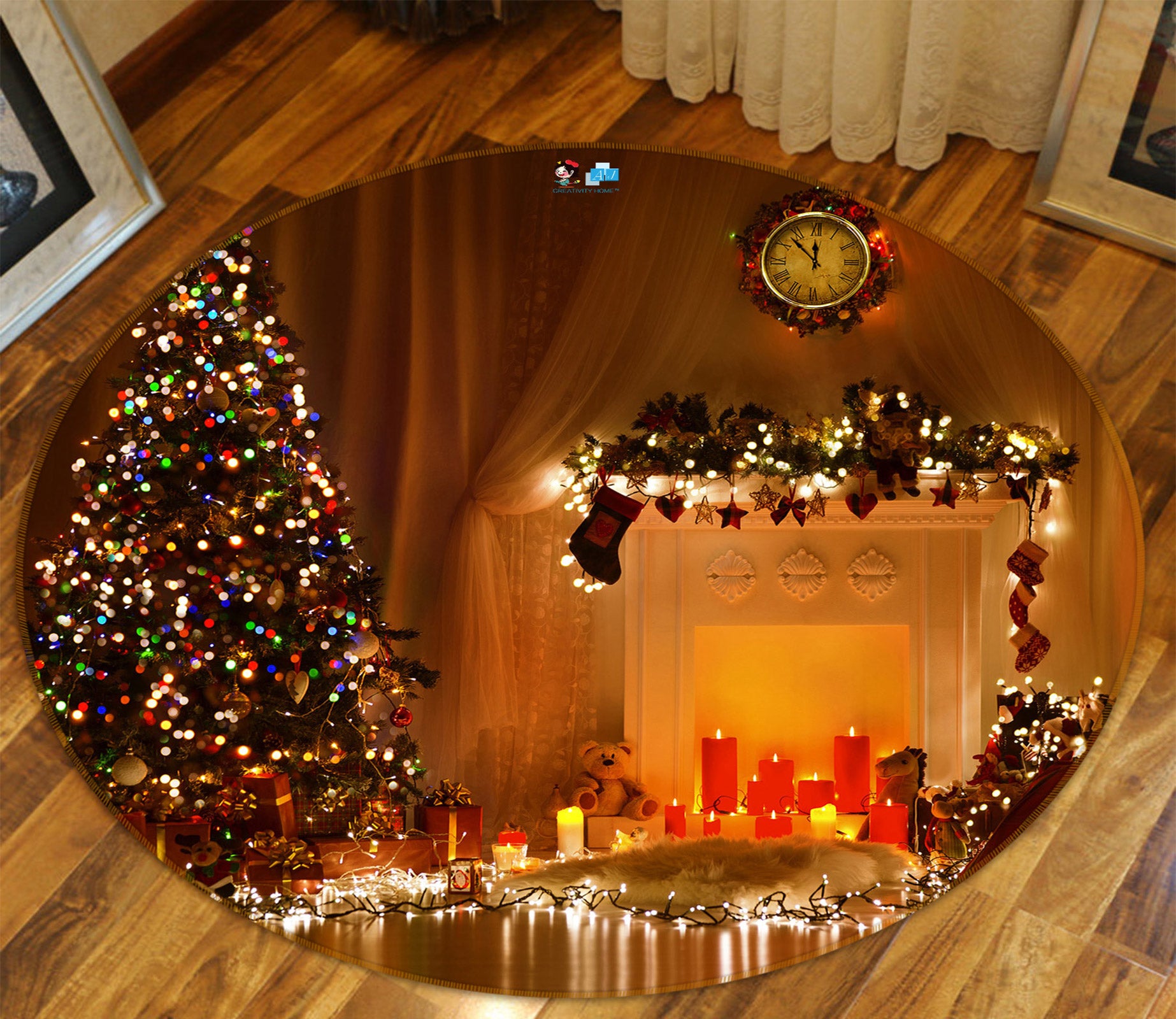 3D Tree String Lights 54017 Christmas Round Non Slip Rug Mat Xmas