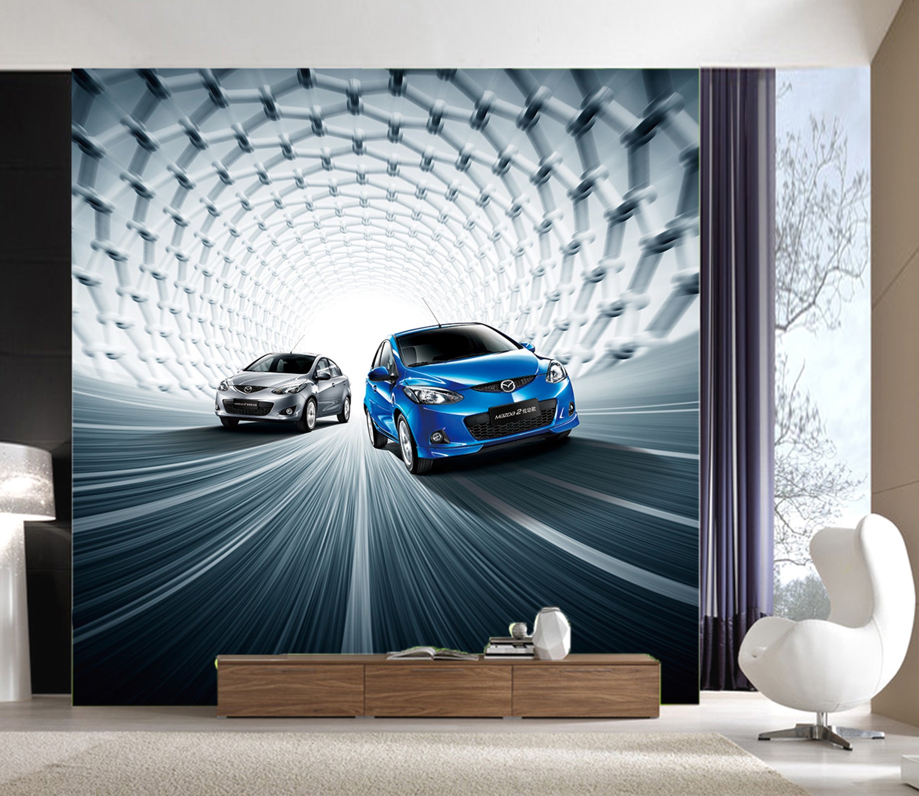 3D Tunnel Blue Car 070 Vehicle Wall Murals