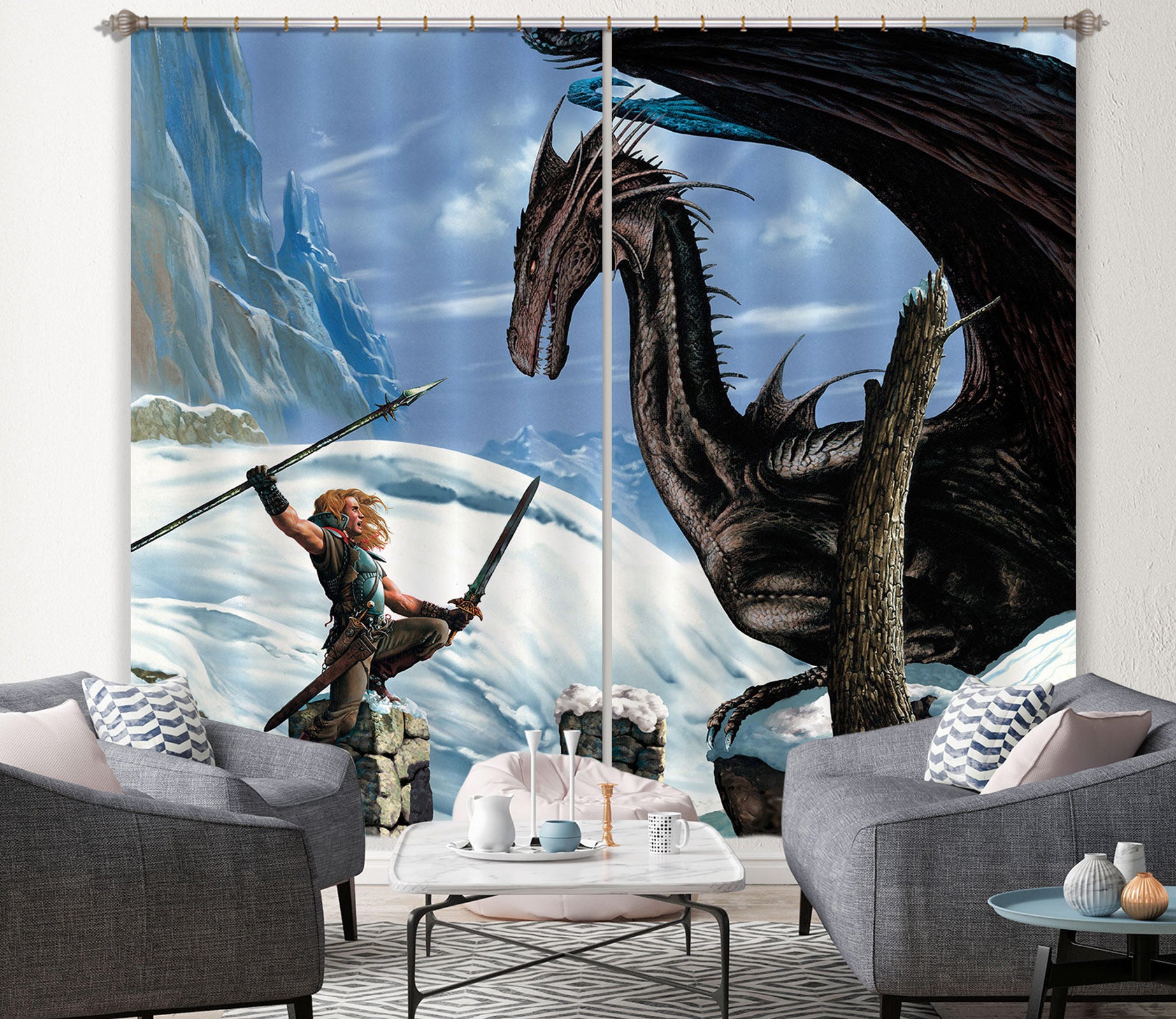 3D Battle Dragon 7155 Ciruelo Curtain Curtains Drapes
