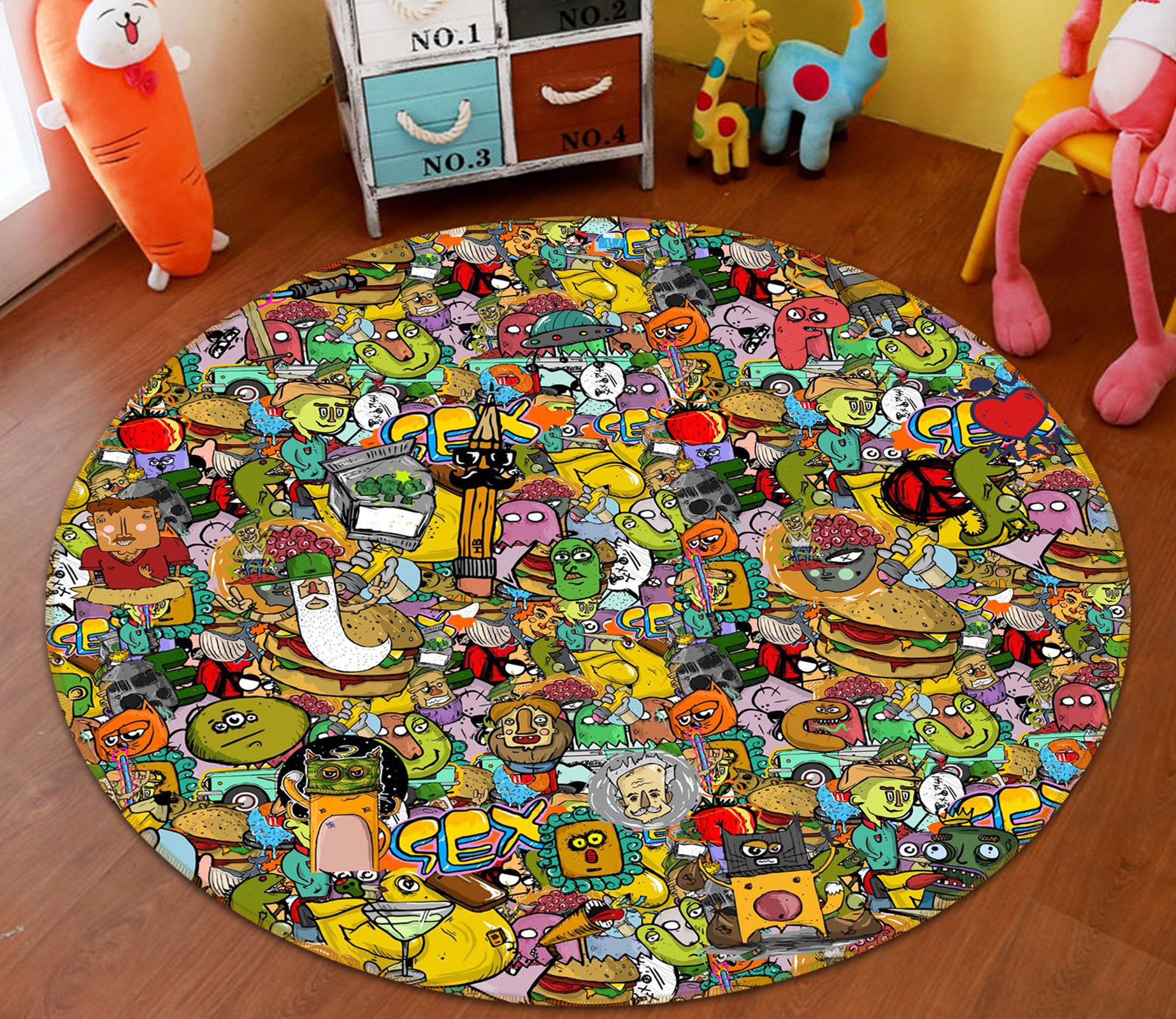 3D Cartoon Doodle 72123 Round Non Slip Rug Mat