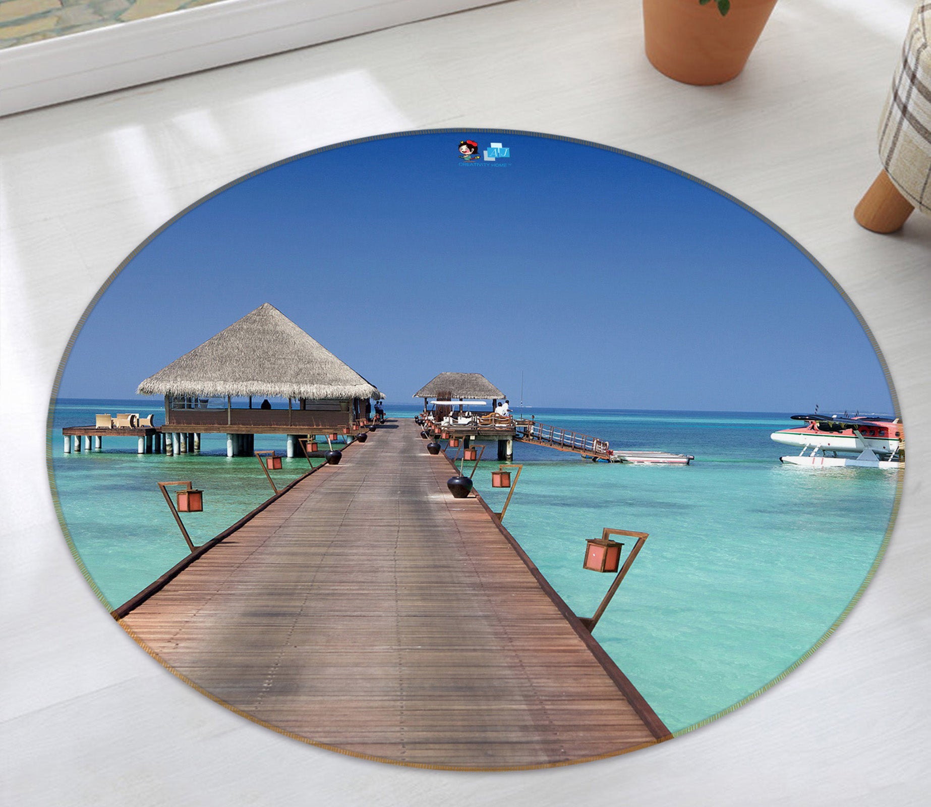 3D Sea Wooden Bridge 74049 Round Non Slip Rug Mat