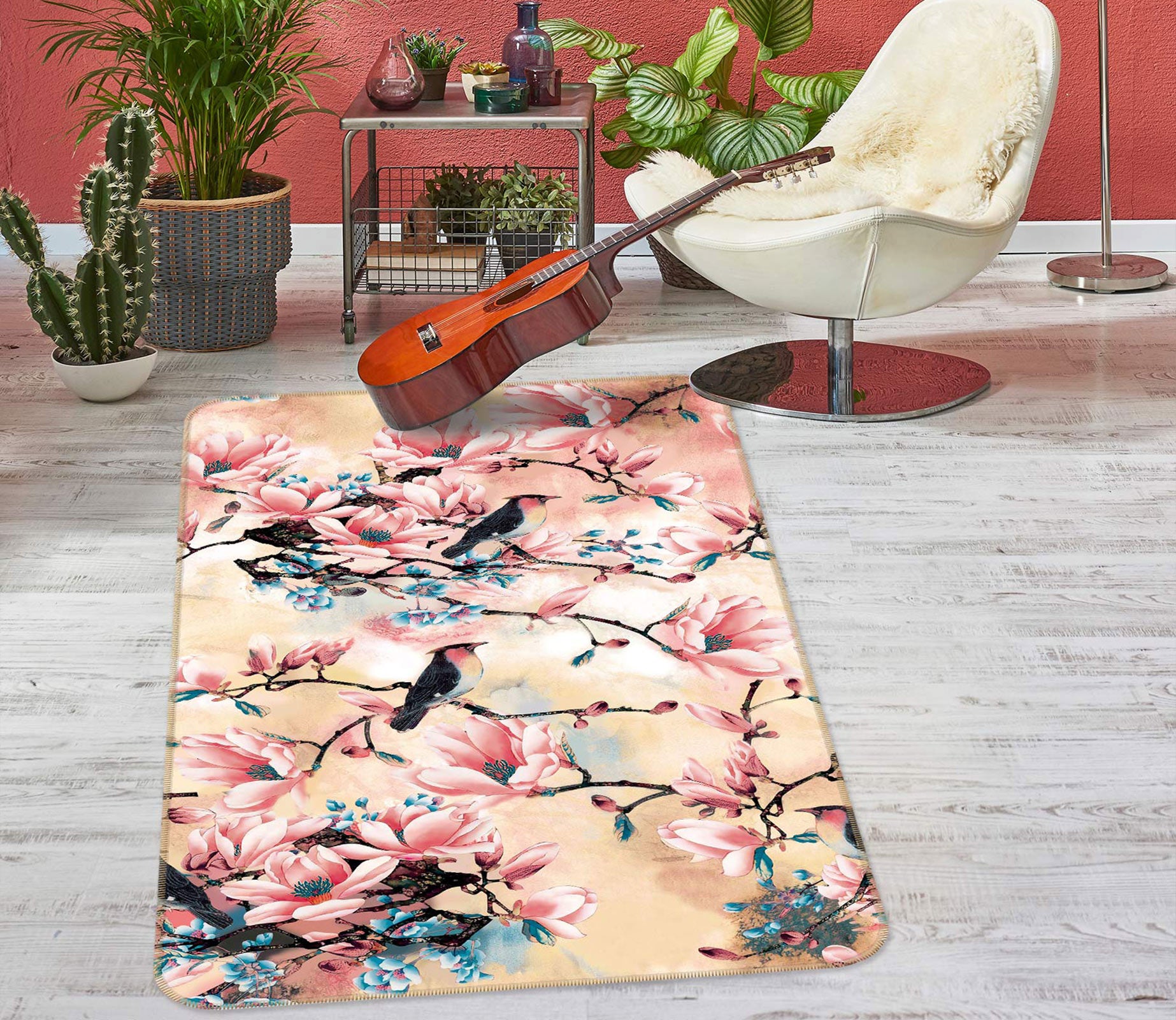 3D Flower Branch Bird 27010 Non Slip Rug Mat