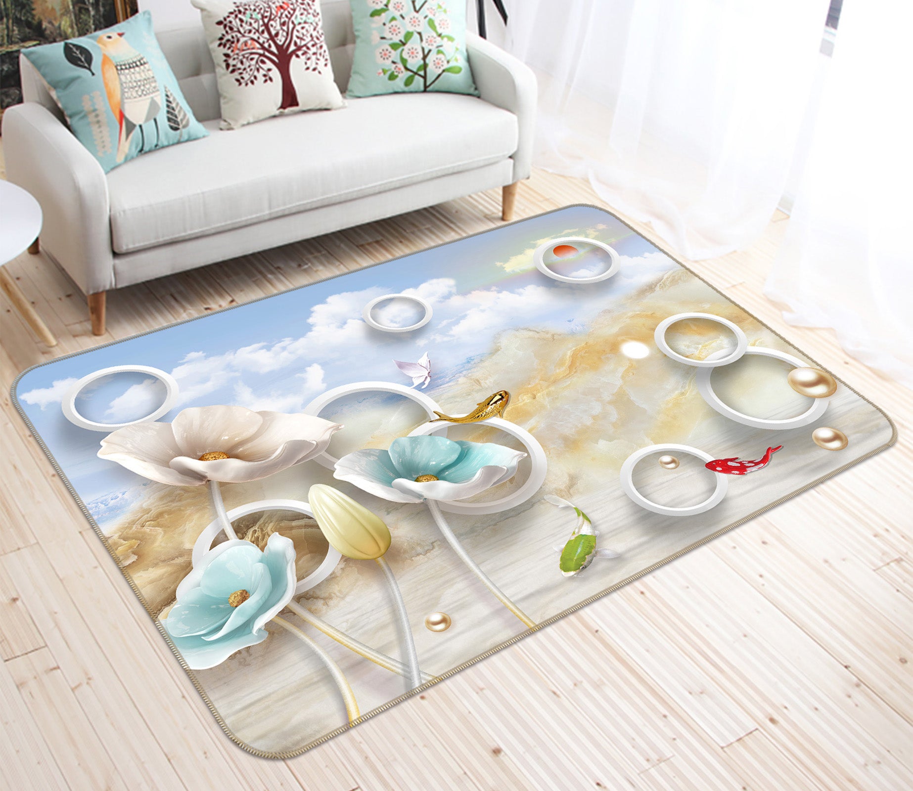 3D Flower Circle Fish 65141 Non Slip Rug Mat