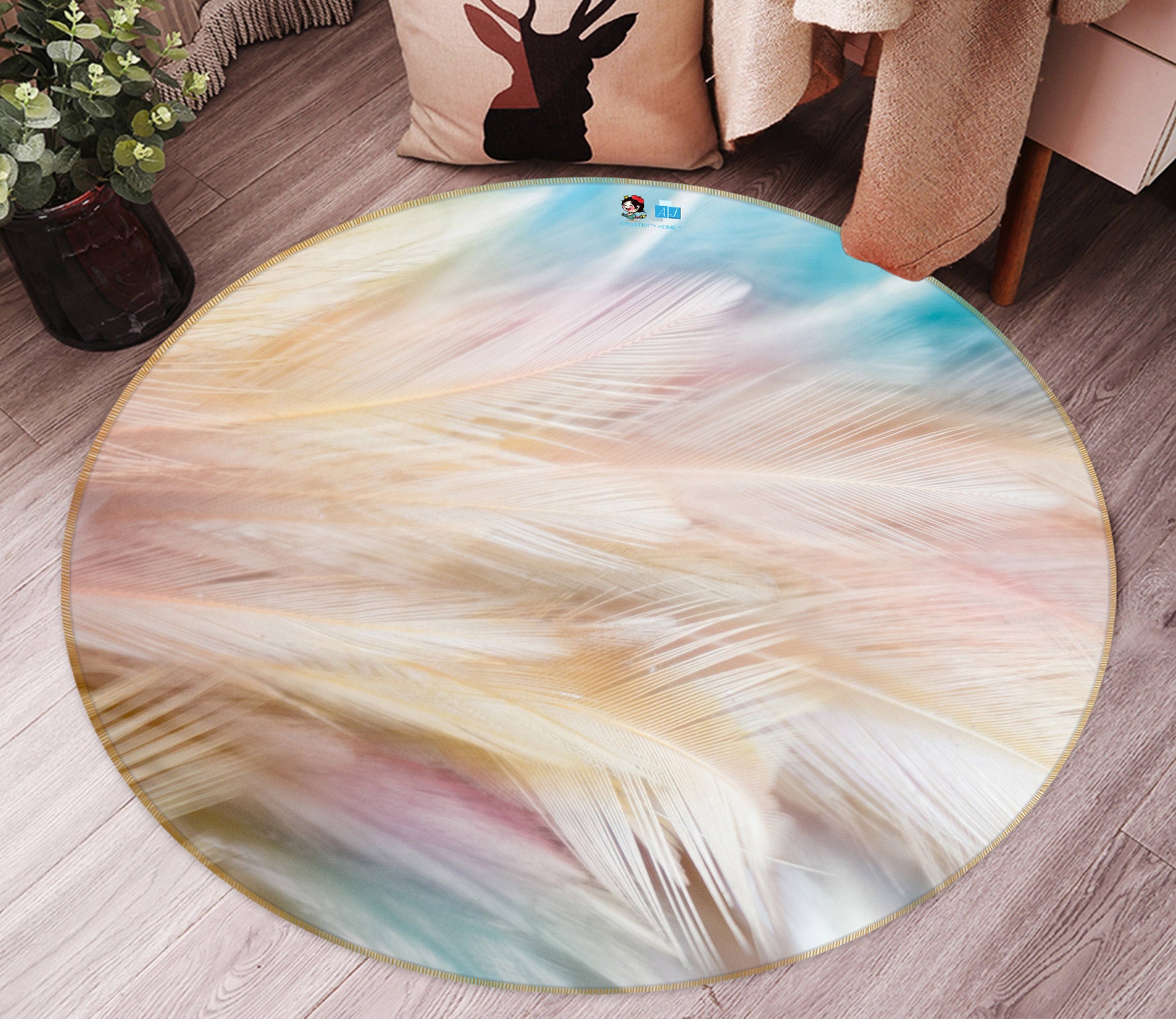 3D Feather 81176 Round Non Slip Rug Mat