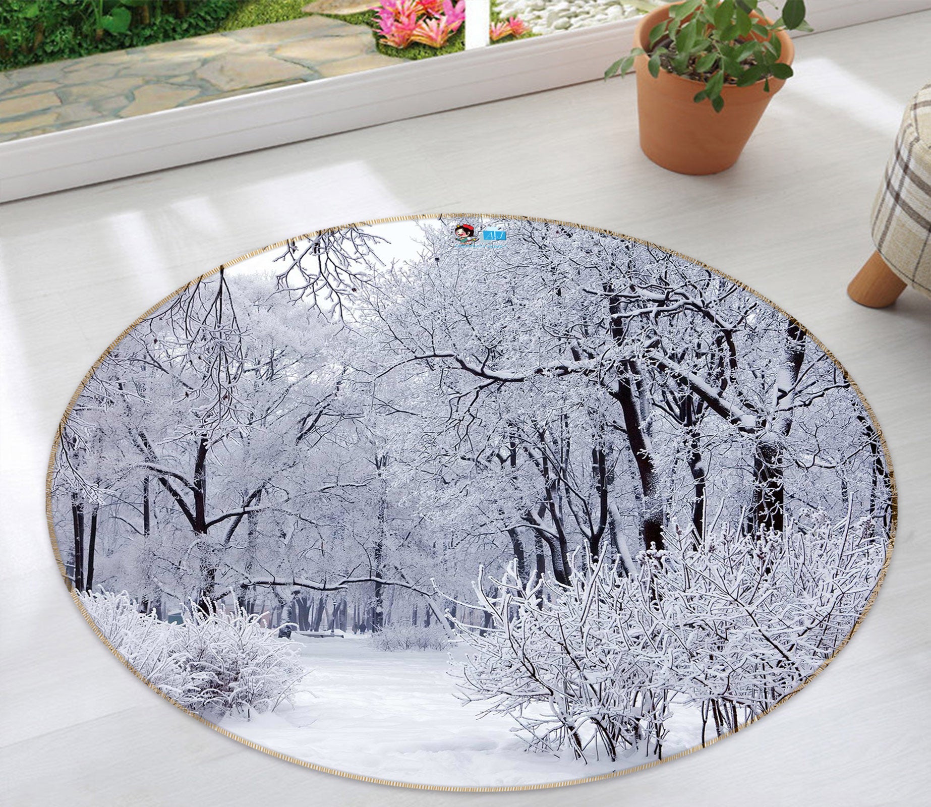 3D White Snow Forest 72144 Round Non Slip Rug Mat