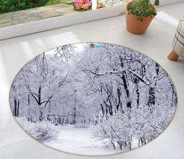 3D White Snow Forest 72144 Round Non Slip Rug Mat