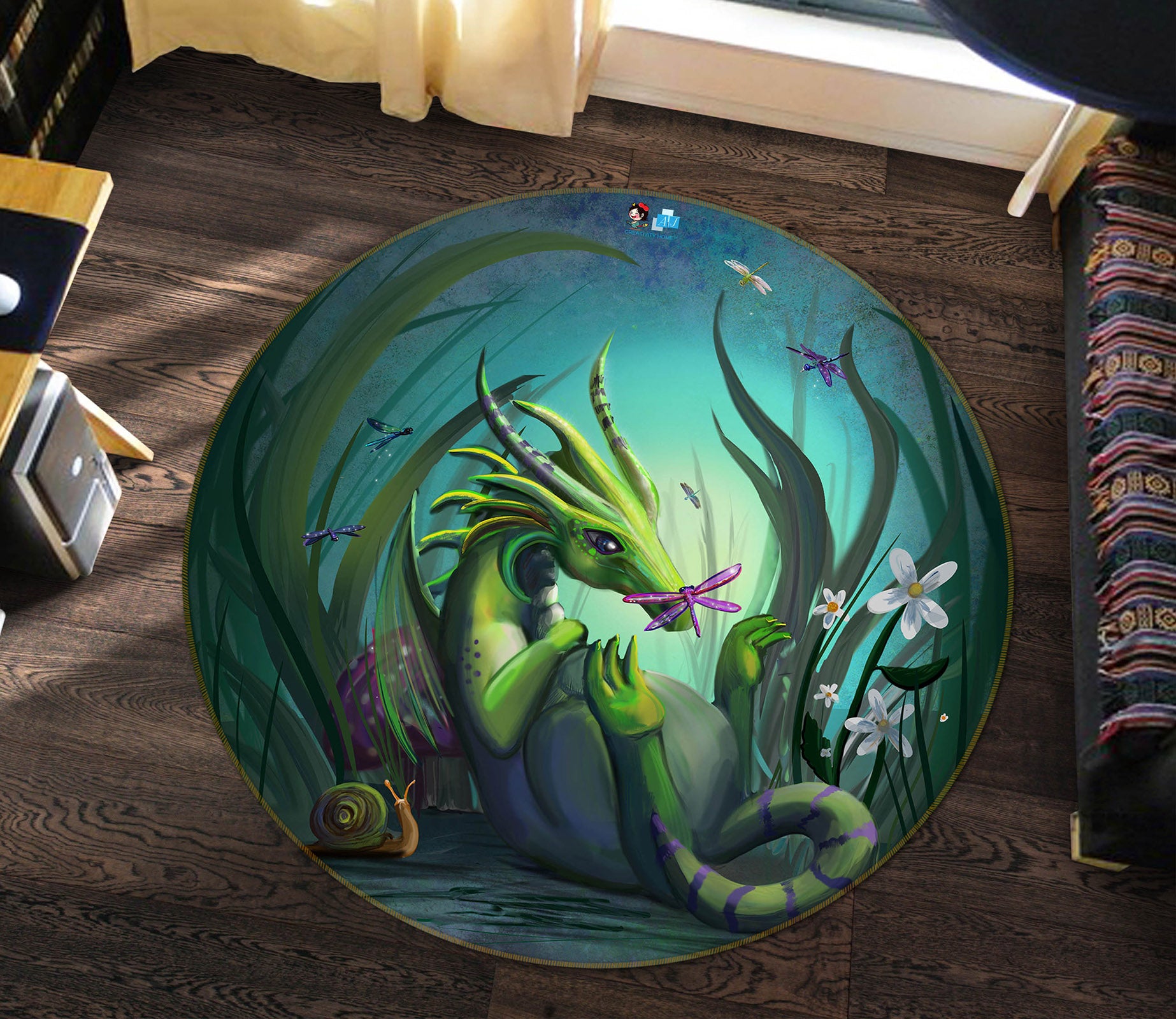 3D Green Dinosaur 83152 Rose Catherine Khan Rug Round Non Slip Rug Mat