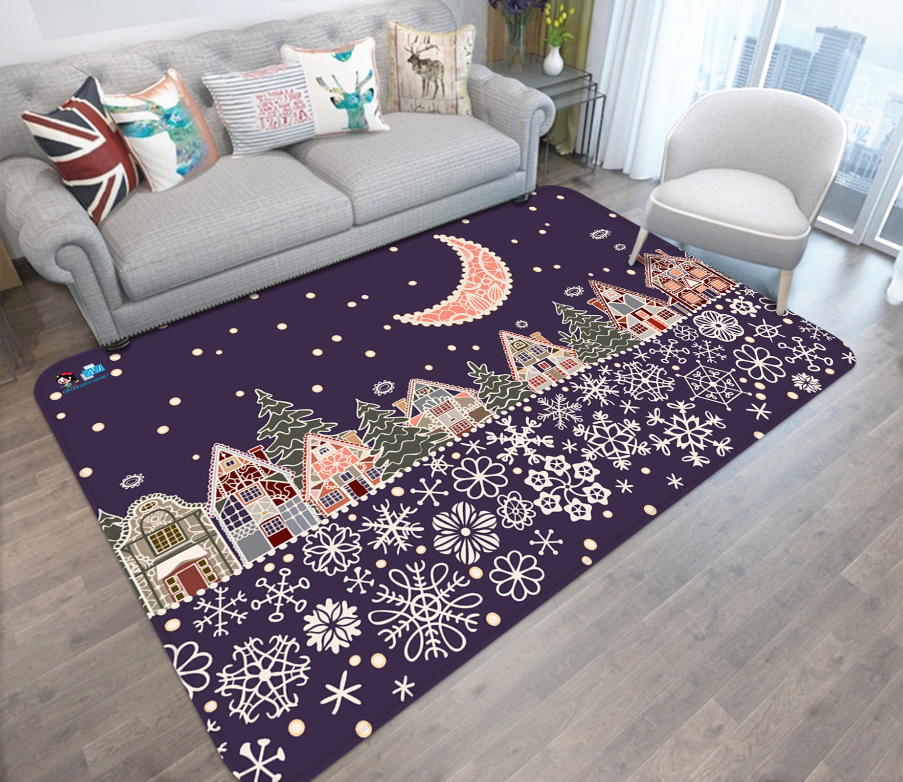3D Houses Snowflakes Moon 65202 Christmas Non Slip Rug Mat Xmas