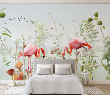 3D Flamingo River Leaves WC726 Wall Murals