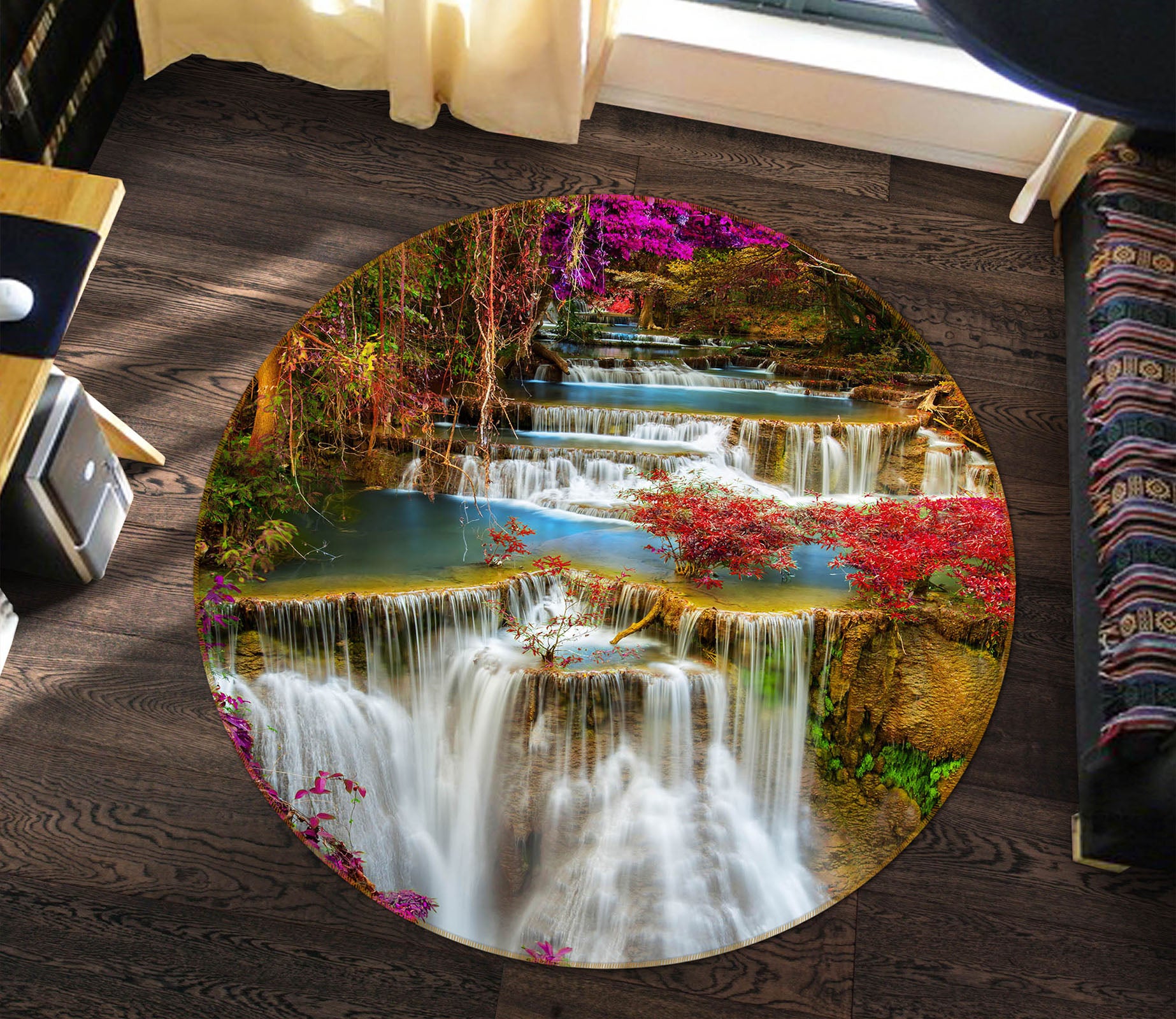 3D Waterfall Flower 69078 Round Non Slip Rug Mat