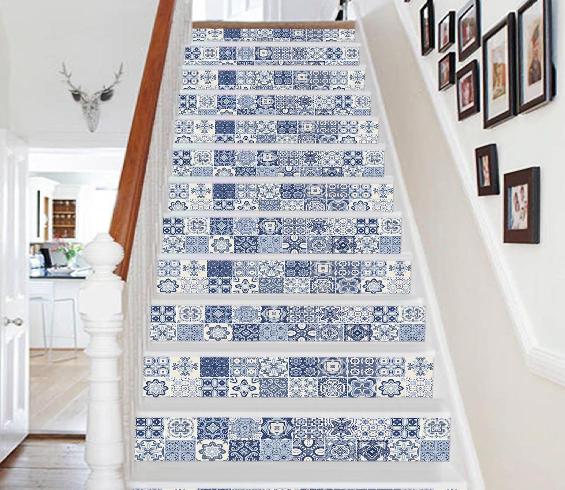 3D Blue Handmade Mosaic 088633 Marble Tile Texture Stair Risers Wallpaper AJ Wallpaper 