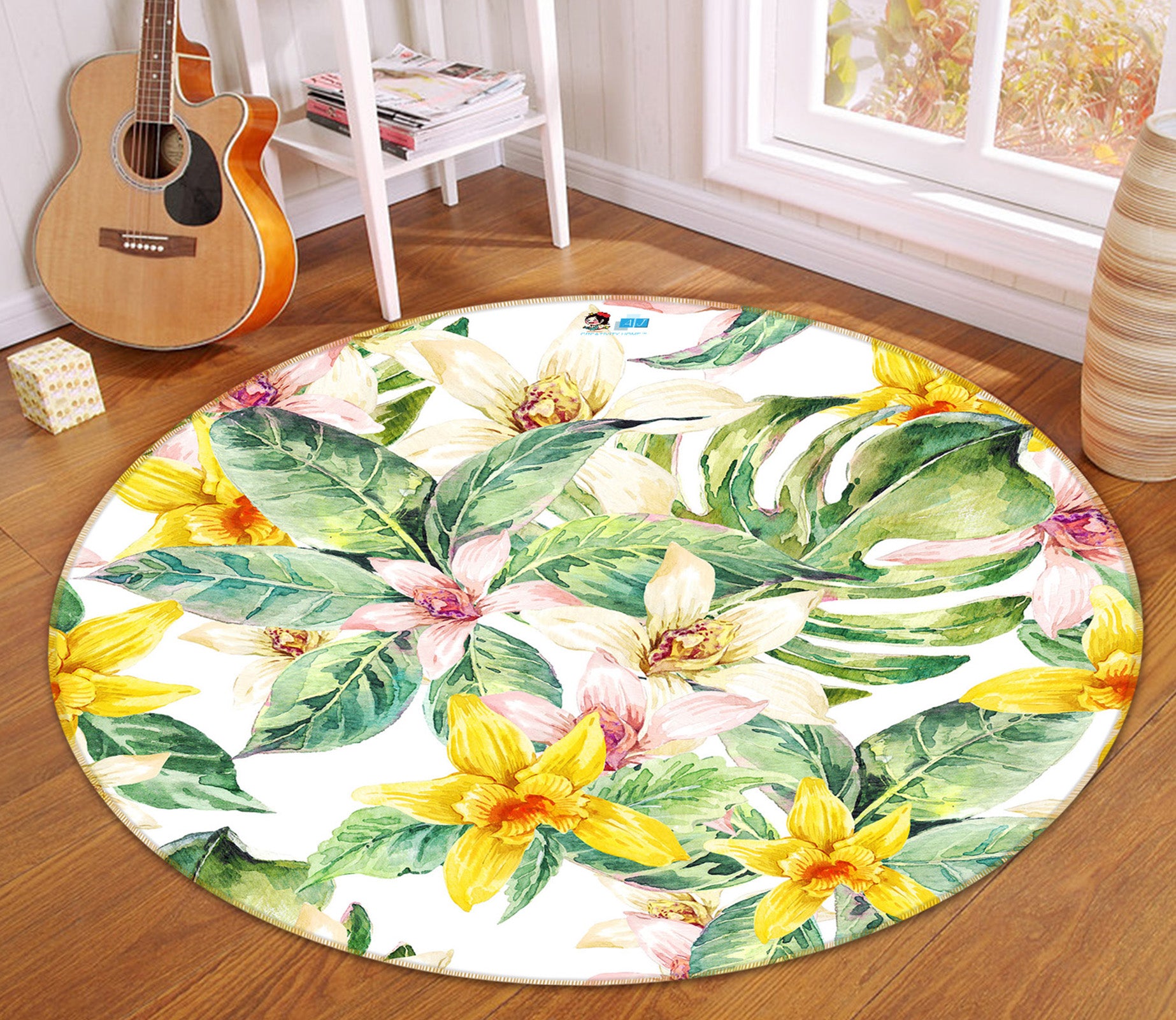 3D Yellow Flowers 71256 Round Non Slip Rug Mat