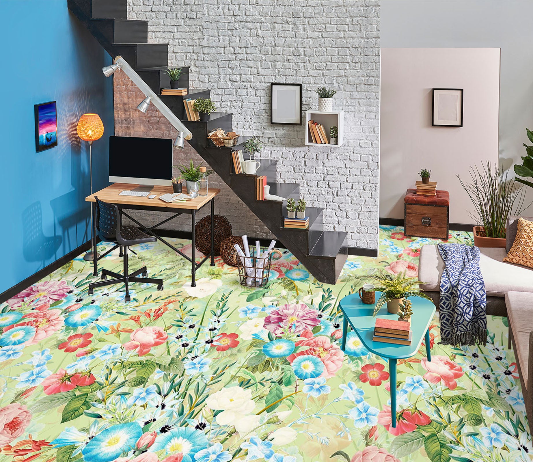 3D Red Blue Flowers 99223 Uta Naumann Floor Mural